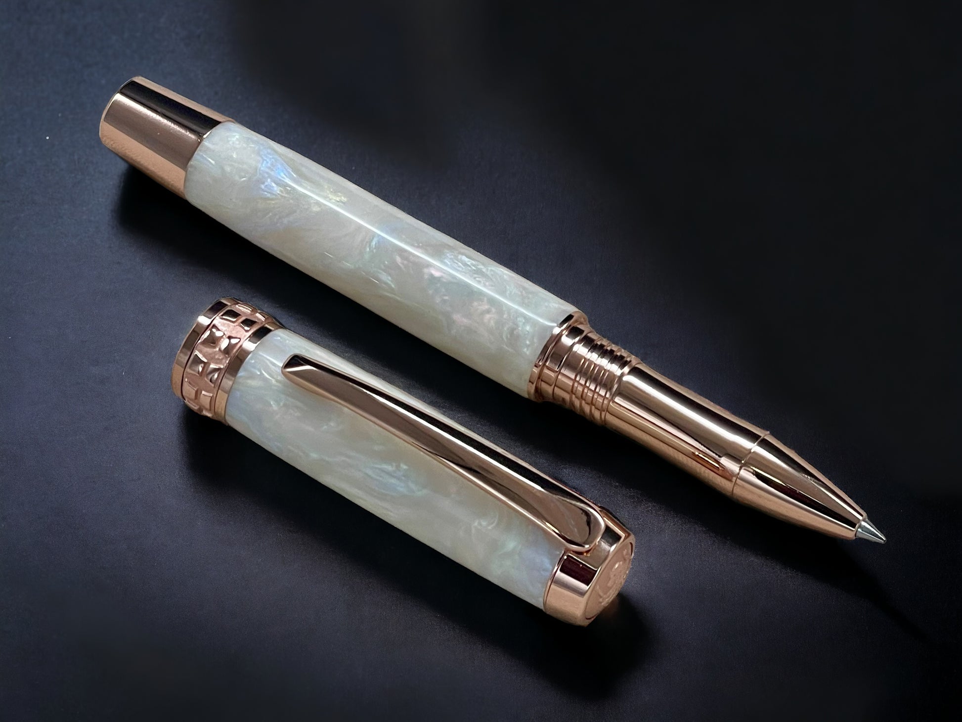 “Pearly Opal”, One of a Kind, Rose Gold, Handmade Custom Acrylic Rollerball Pen. Artisan Rare & Unique, Completely Handcrafted  in Co, US - HighlanderPen