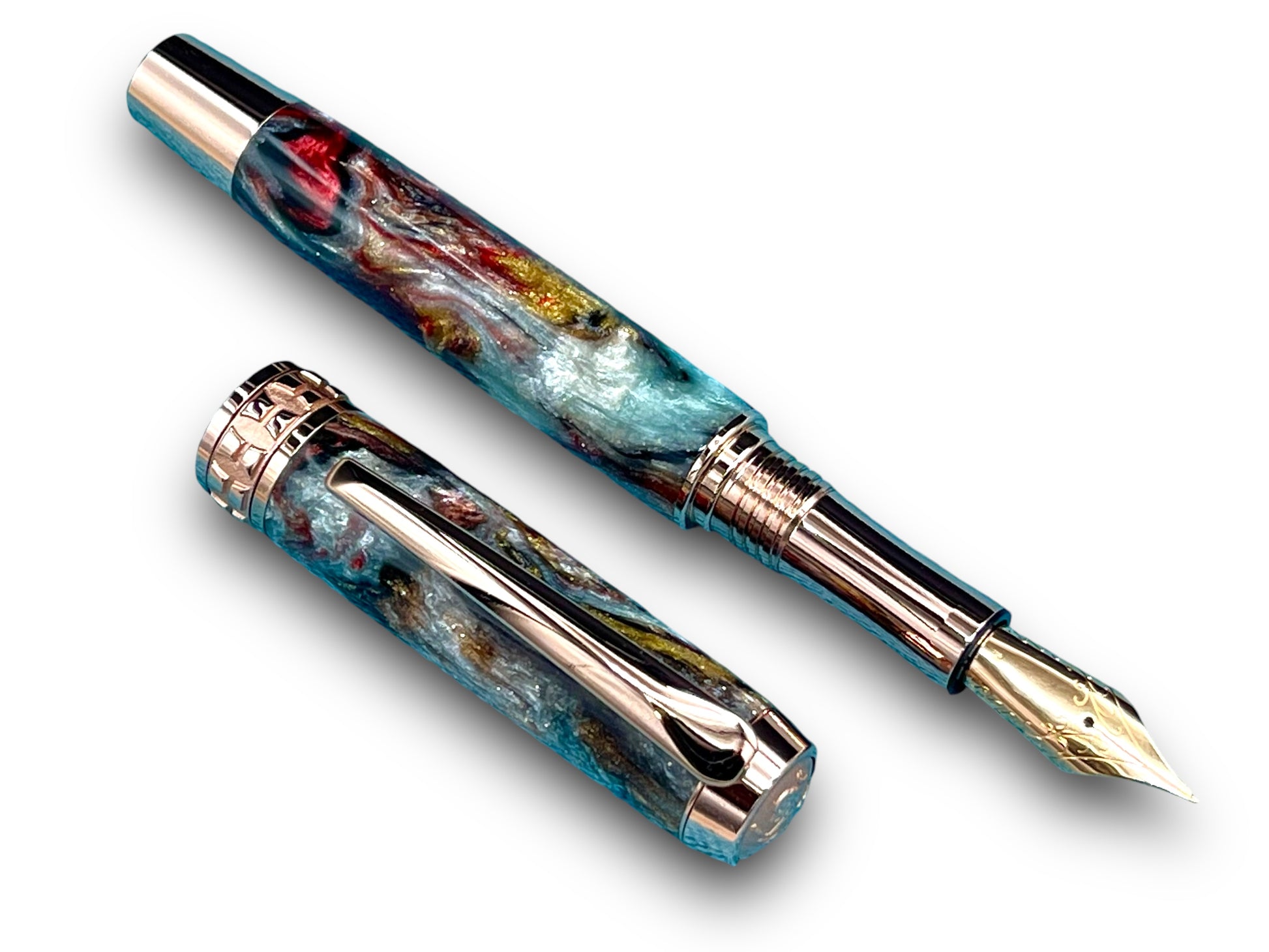 Elegant “Mosaic Glass” Rose Gold Acrylic Fountain Pen, One of a Kind, Handmade in Colorado. Ink, Converter, Pen Sleeve & Box Included. - HighlanderPen