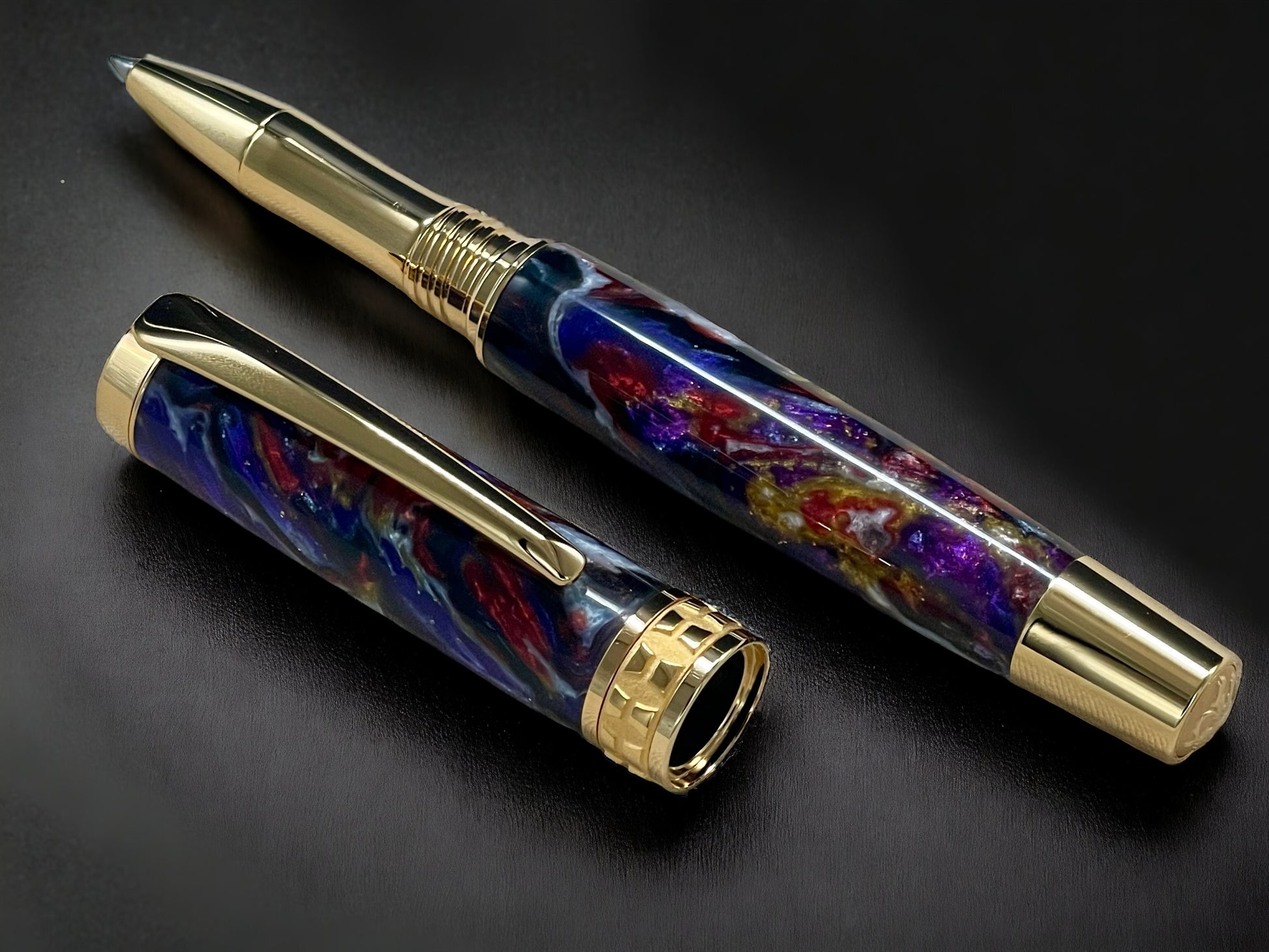 Whimsical Black, One of a Kind Gold “SKYE”, Handmade Custom Acrylic Rollerball Pen. Artisan Rare & Unique, Completely Handcrafted  in Co, USA - HighlanderPen