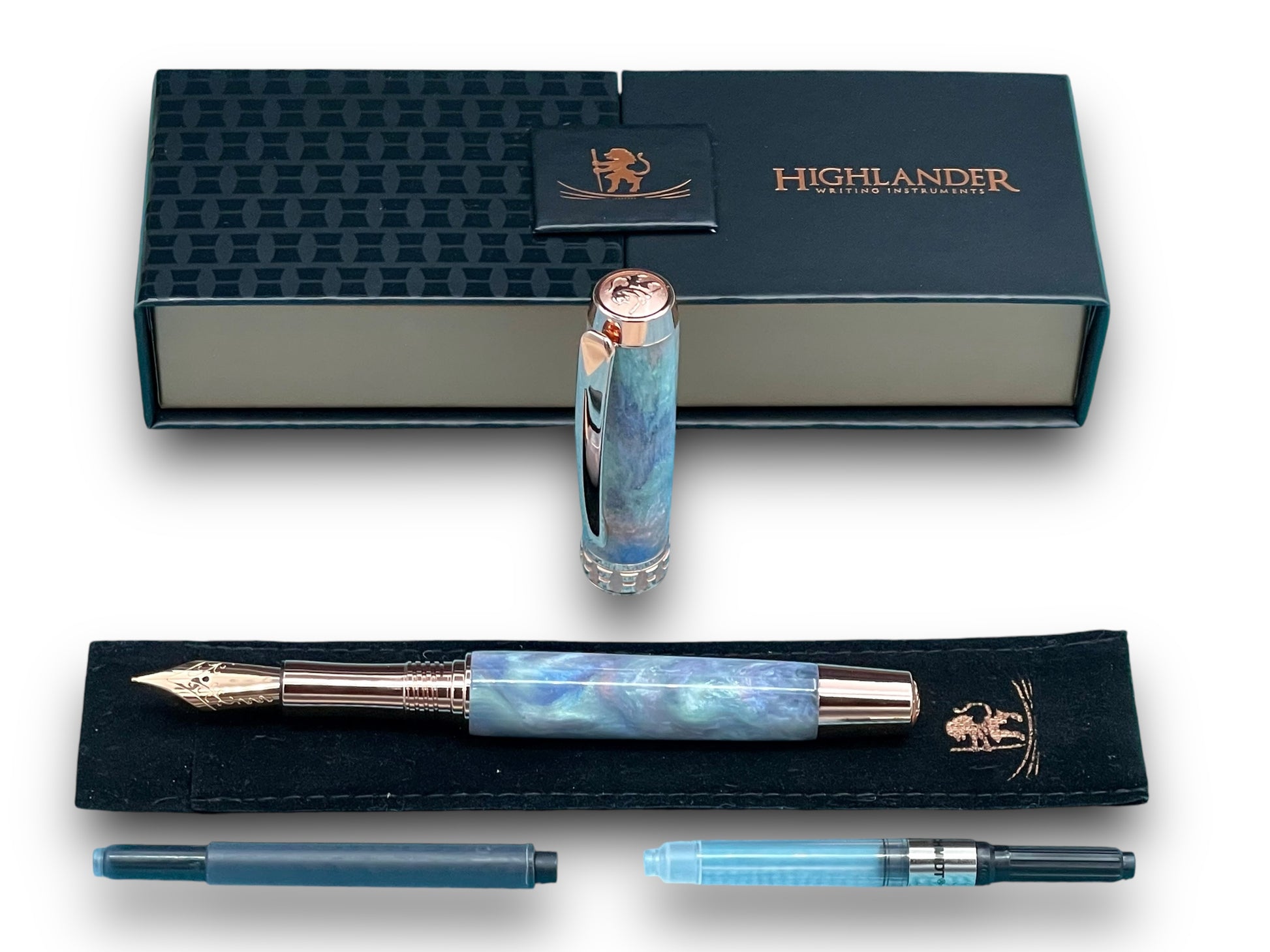 Elegant “Black Opal” Rose Gold Acrylic Fountain Pen, One of a Kind, Handmade in Colorado. Ink, Converter, Pen Sleeve & Box Included. - HighlanderPen