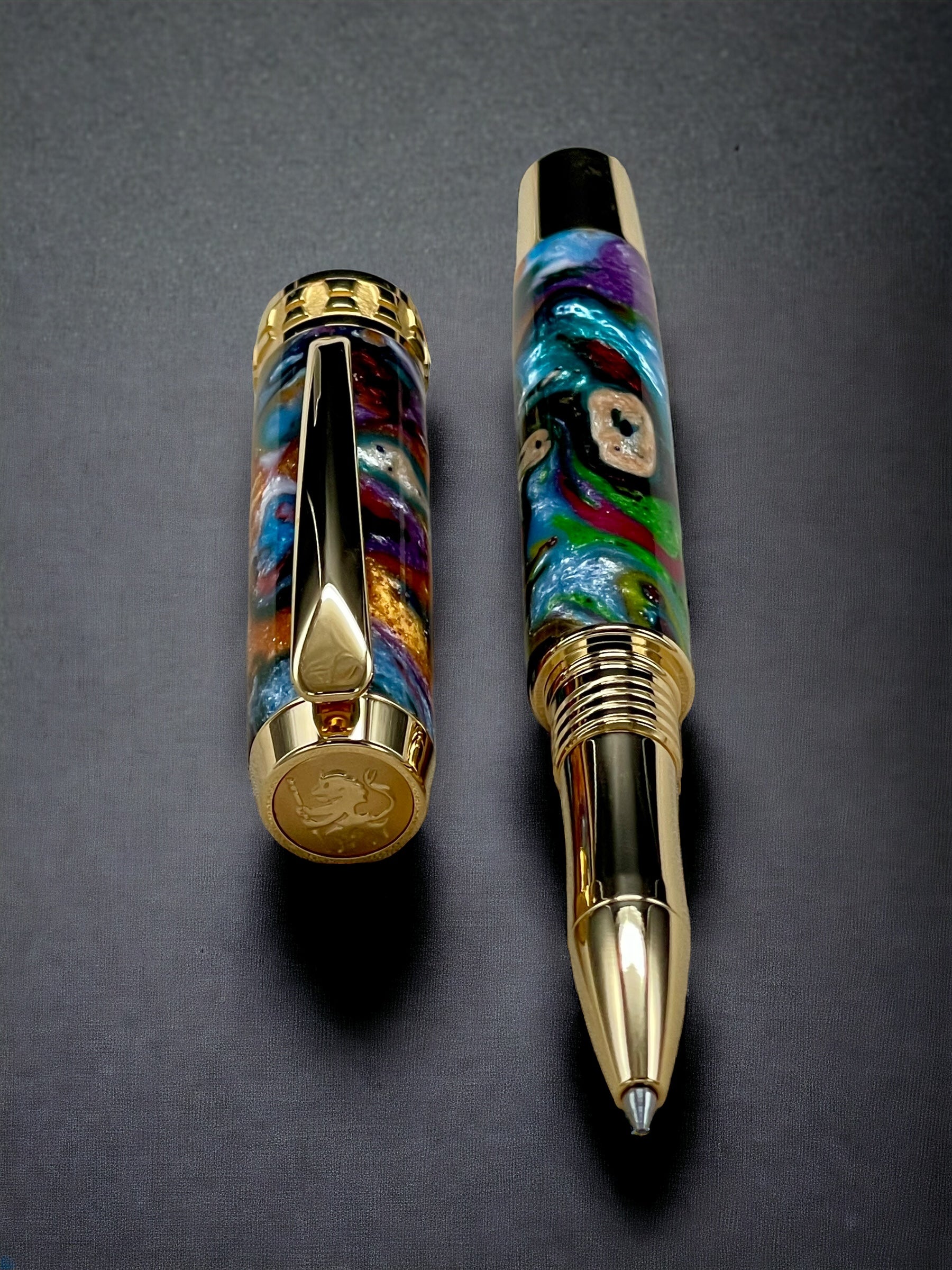 Gold Rollerball Pen, Artisan Handcrafted Writing Instrument. Handmade with Custom Hardware in Colorado. One of a Kind. “Color Explosion” - HighlanderPen