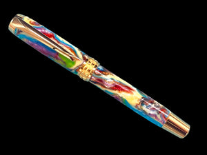 Striking “Color Swirls” Handcrafted Gold Rollerball Pen, One of a Kind, Handmade in Colorado. Ink, Velvet Sleeve, and Pen Box Included. - HighlanderPen