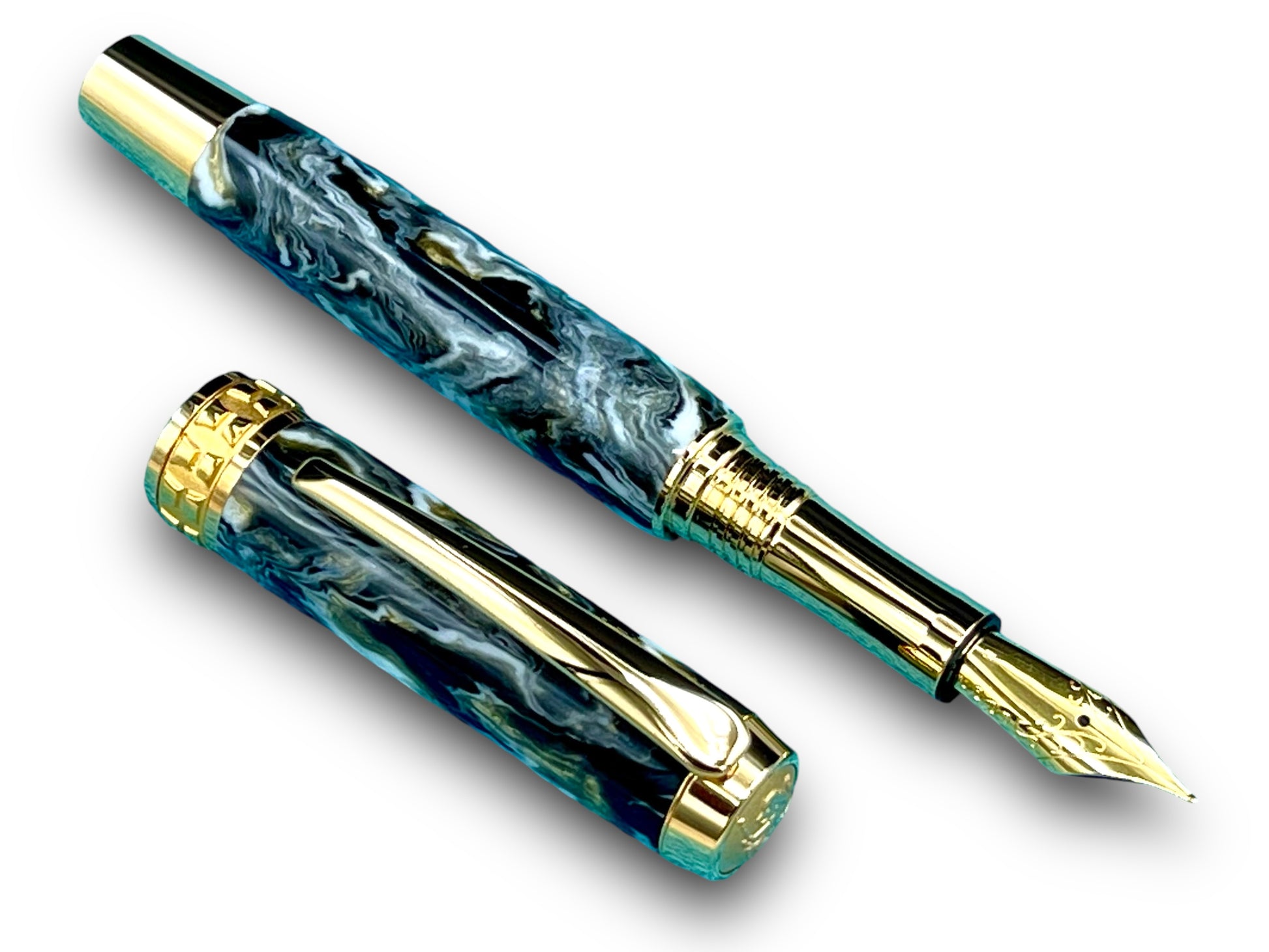 Elegant “Black/Gold Swirl” Handcrafted Luxury Gold Fountain Pen, One of a Kind, Handmade in Colorado. Ink, Converter, Sleeve, & Box Included - HighlanderPen