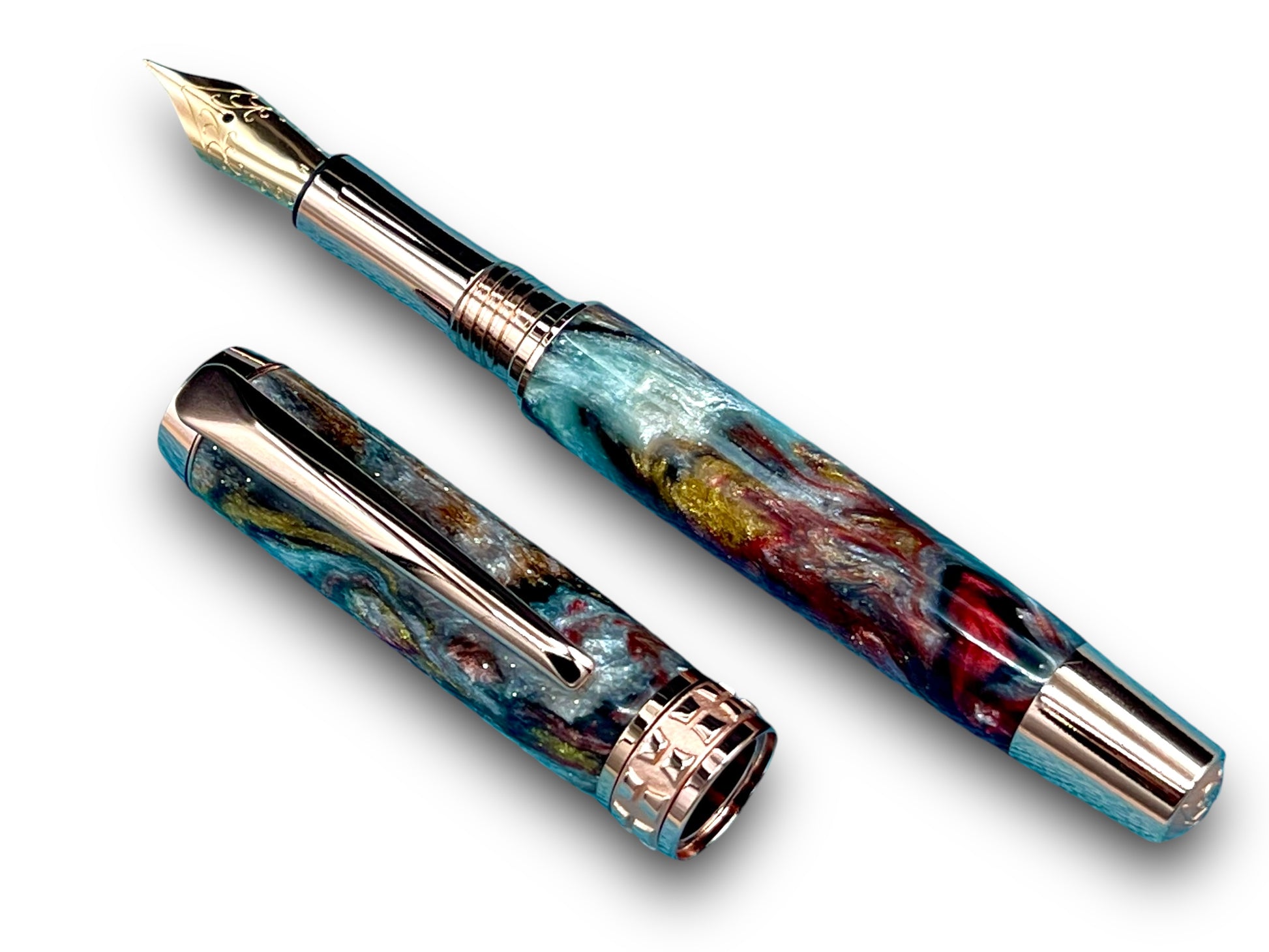 Elegant “Mosaic Glass” Rose Gold Acrylic Fountain Pen, One of a Kind, Handmade in Colorado. Ink, Converter, Pen Sleeve & Box Included. - HighlanderPen