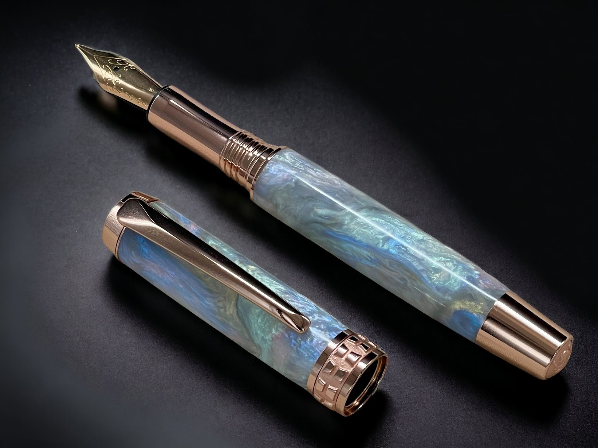 “Black Opal” Rose Gold Acrylic Fountain Pen, Artisan Handcrafted Writing Instrument. Simple to Use. Handmade Custom in Colorado, One of a Kind. - HighlanderPen