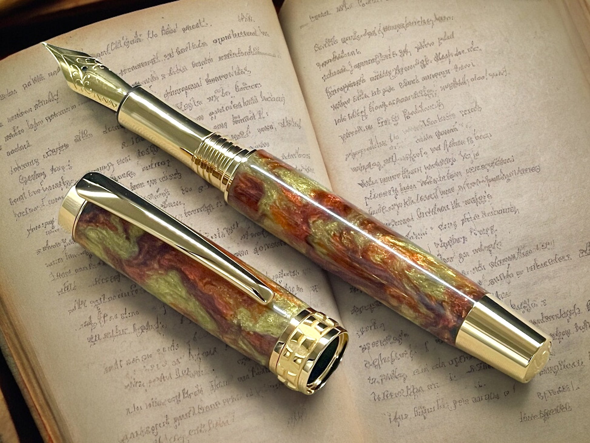 Striking “Blood Orange & Gold" Gold Rollerball Pen, Artisan Handcrafted Writing Instrument. Handmade Custom in Colorado. One of a Kind. - HighlanderPen