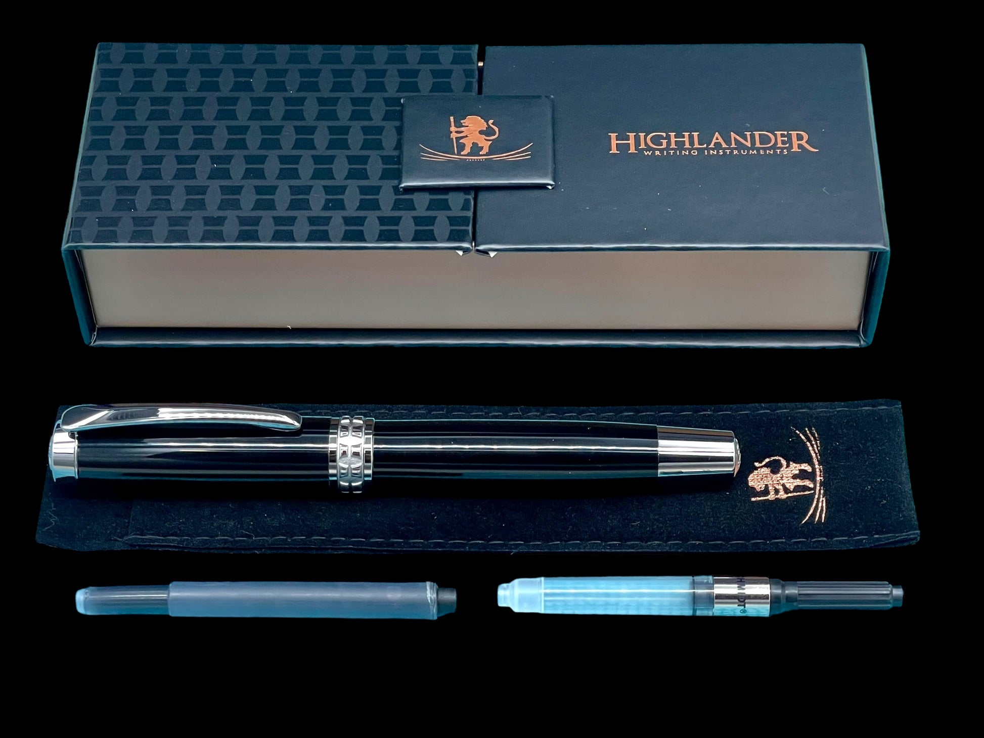 Exotic Gaboon Ebony Wood~Highlander Black Titanium Fountain Pen, Artisan Handcrafted Writing Instrument. With Converter, Ink, Sleeve & Box. (ML-FP-0926-03) - HighlanderPen