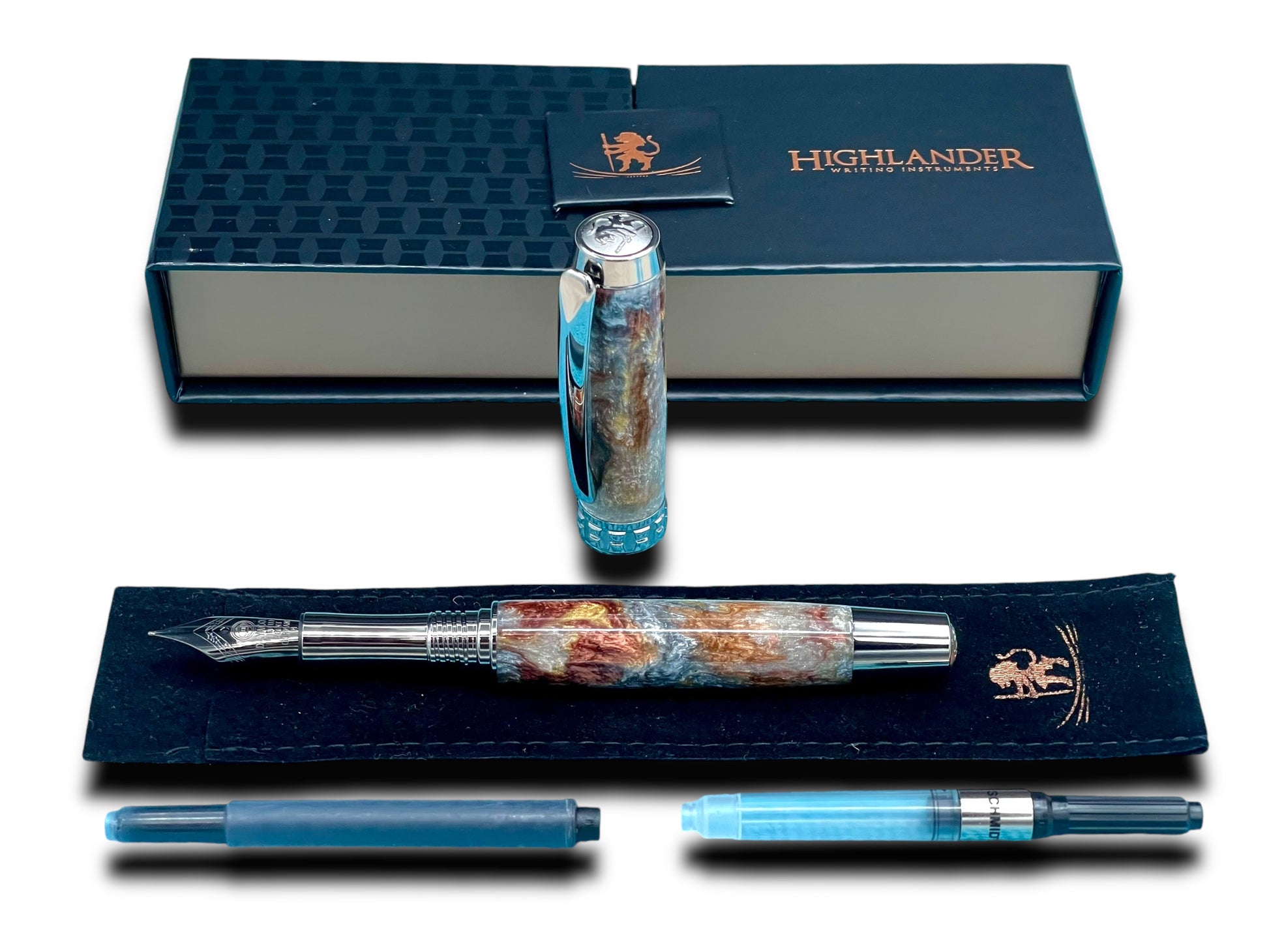 Striking “Molten Metals” Black Titanium Fountain Pen, Artisan Handcrafted Writing Instrument. Converter, Ink, Sleeve & Box Included. - HighlanderPen