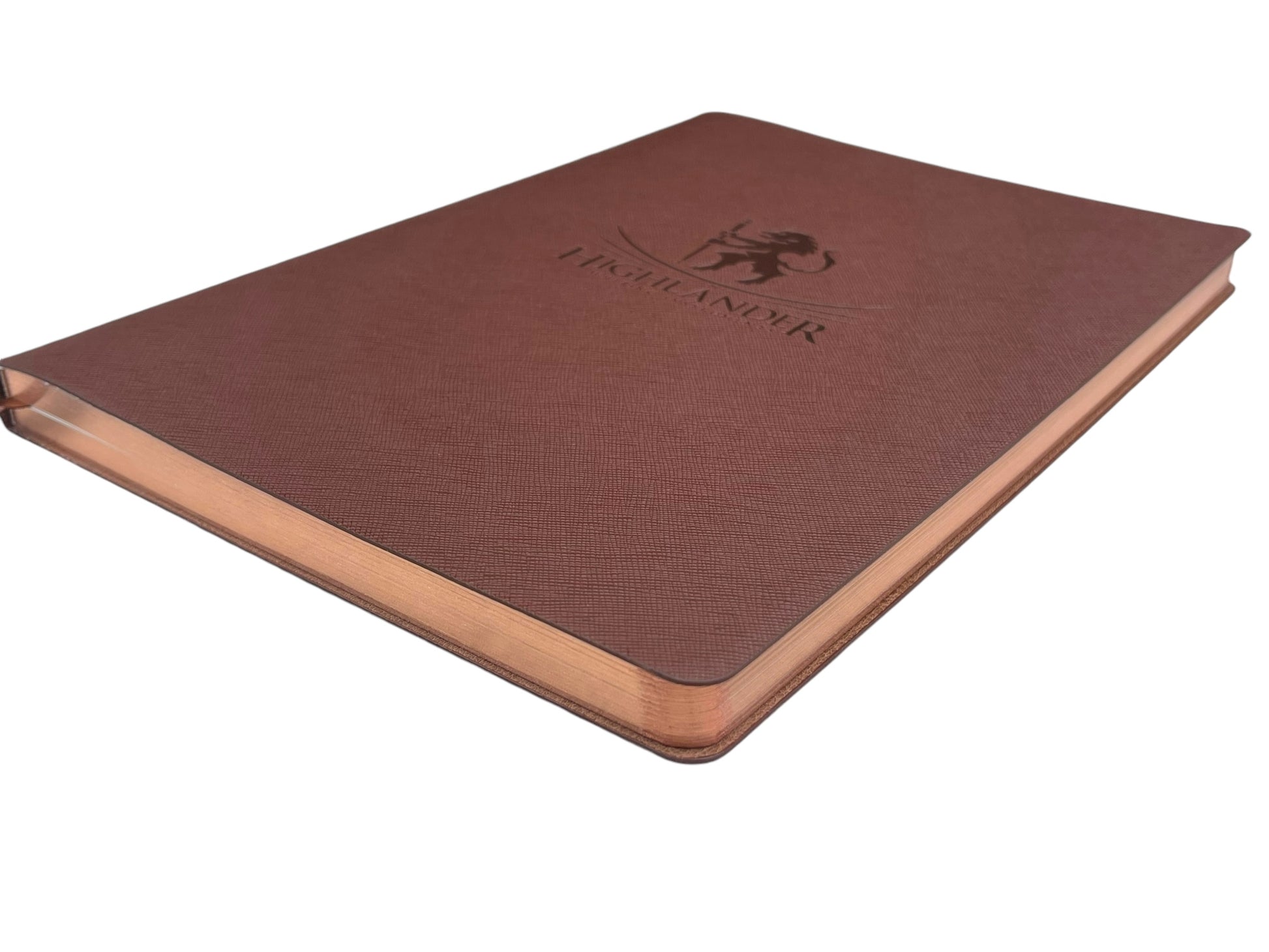 Large Dark Brown Saffiano PU Leather Journal, 10” X 7”, 120 gsm, Rose Gold Gilded Edges, Satin Ribbon, 25 Lines/Page, 192 Pages, In Box. - HighlanderPen