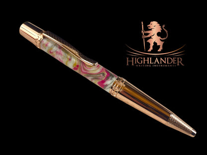 Rose Gold "Elegant Swirl" Handmade Glasgow Ballpoint Pen. One of a Kind, Handcrafted by Highlander Pen in CO. Box, Ink, & Sleeve Included. [ML-BP-1212-01]