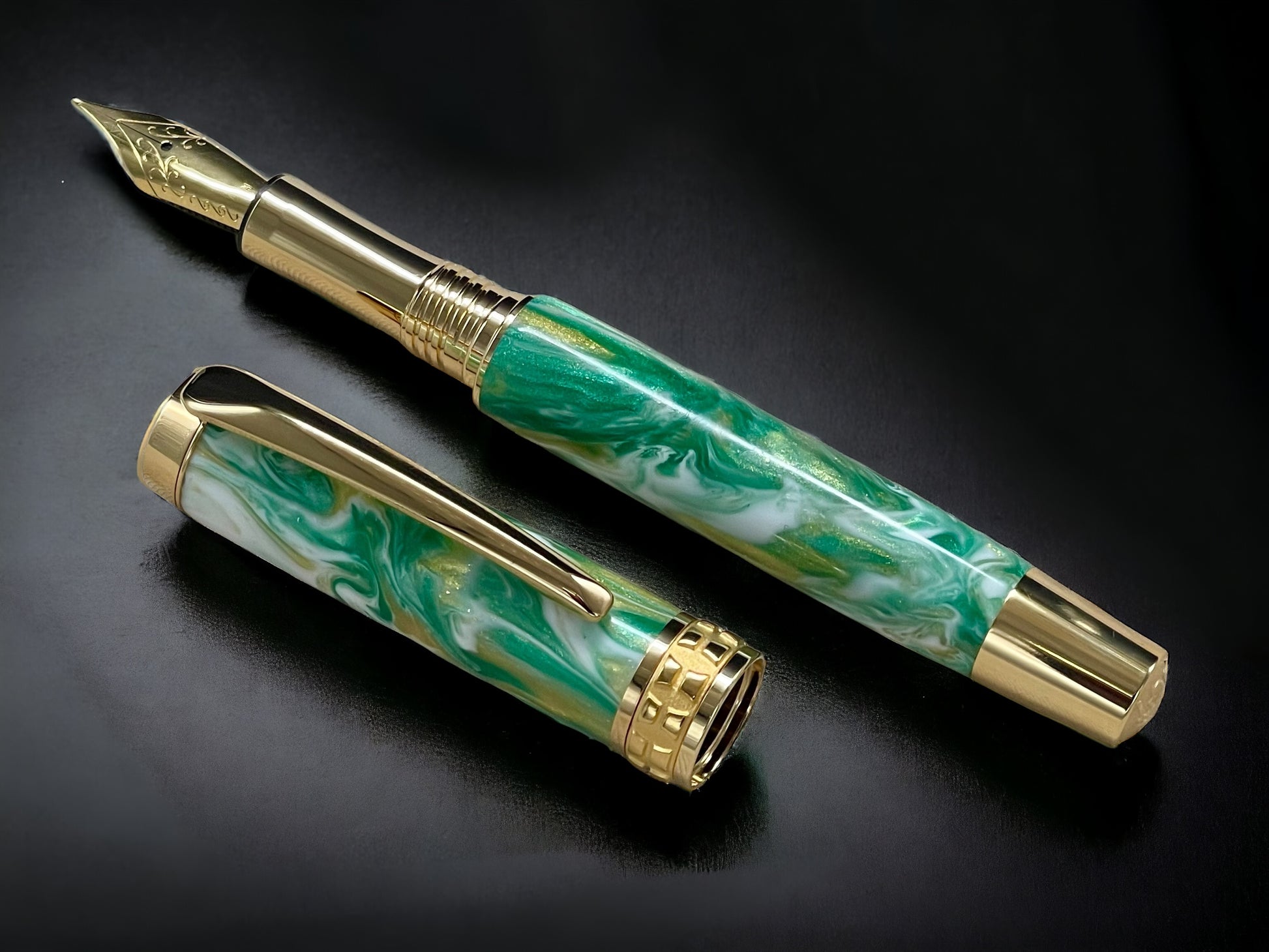 “Emerald Swirl”, One of a Kind, Handmade Custom Gold “SKYE” Fountain Pen. Artisan Rare & Unique, Completely Handcrafted  in Colorado, USA - HighlanderPen