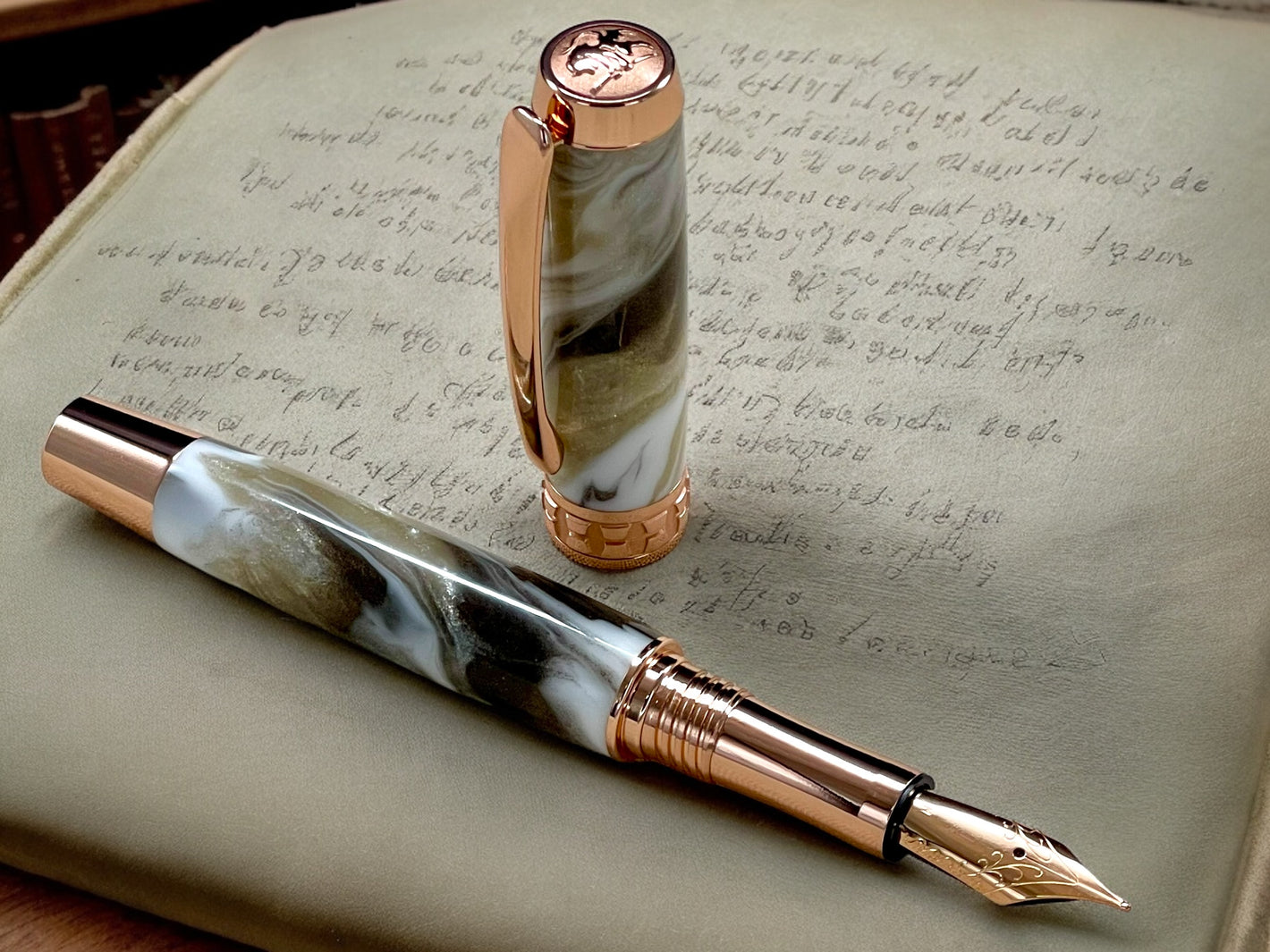 Elegant “Swirling Marble” Rose Gold Fountain Pen, Artisan Handcrafted Writing Instrument. Simple to Use. Handmade in CO USA. One of a Kind - HighlanderPen