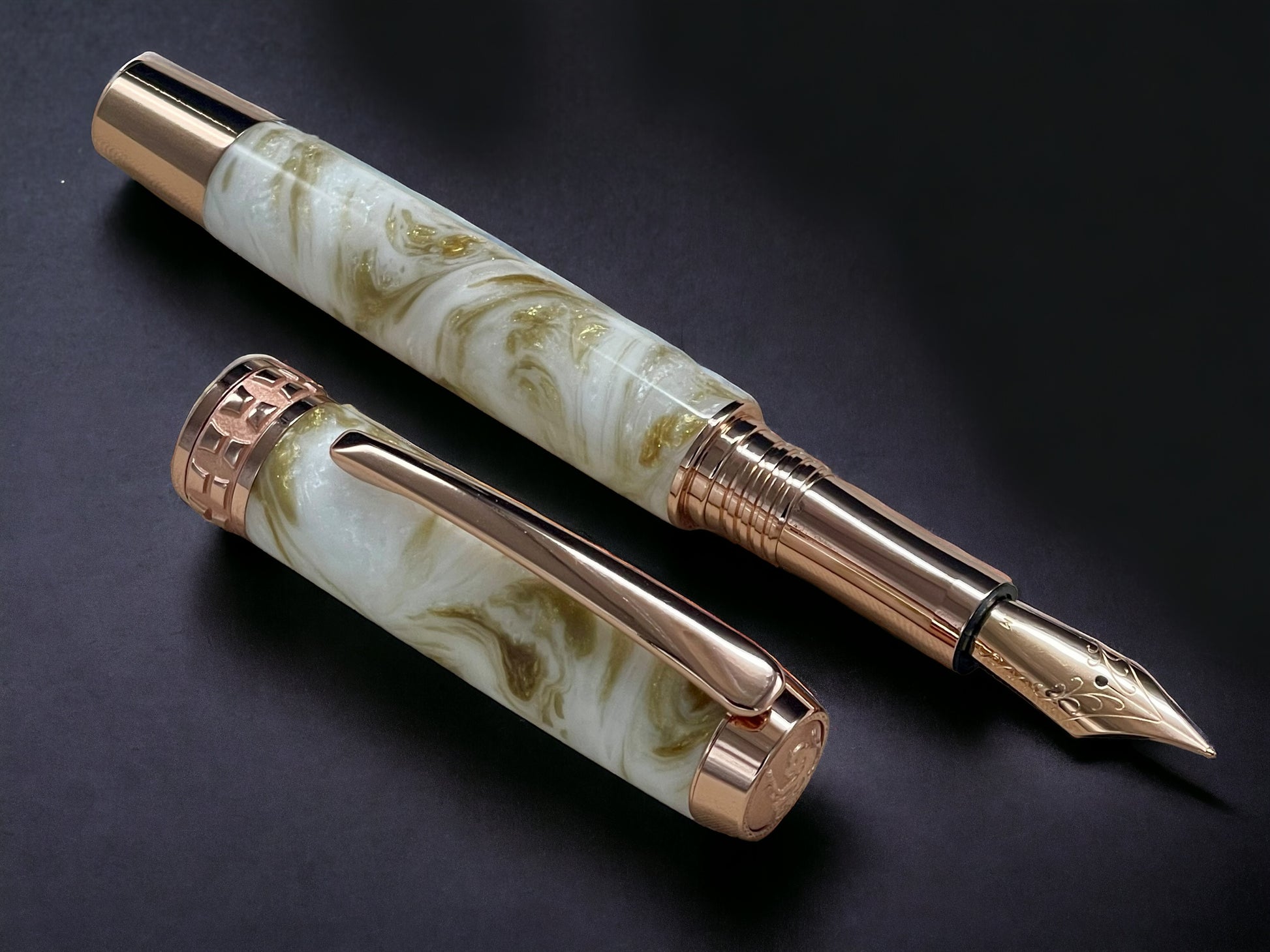 “Gold Marble”, One of a Kind, Rose Gold, Handmade Custom Acrylic Fountain Pen. Artisan Rare & Unique, Completely Handcrafted in Colorado, USA - HighlanderPen