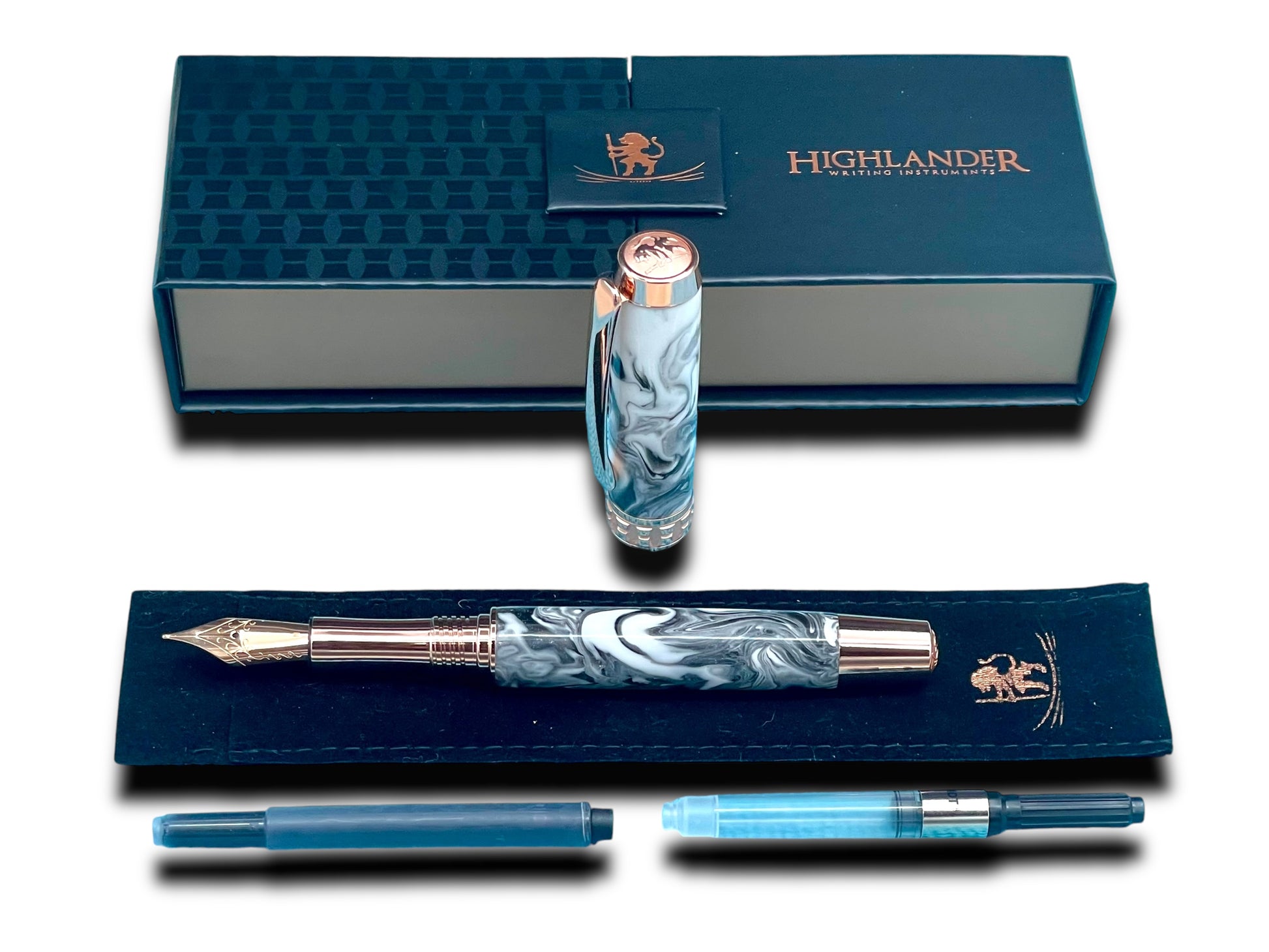 Timeless “Imperial Black” Rose Gold Fountain Pen, One of a Kind, Handmade in Colorado. Ink, Converter, Pen Sleeve & Box Included. - HighlanderPen