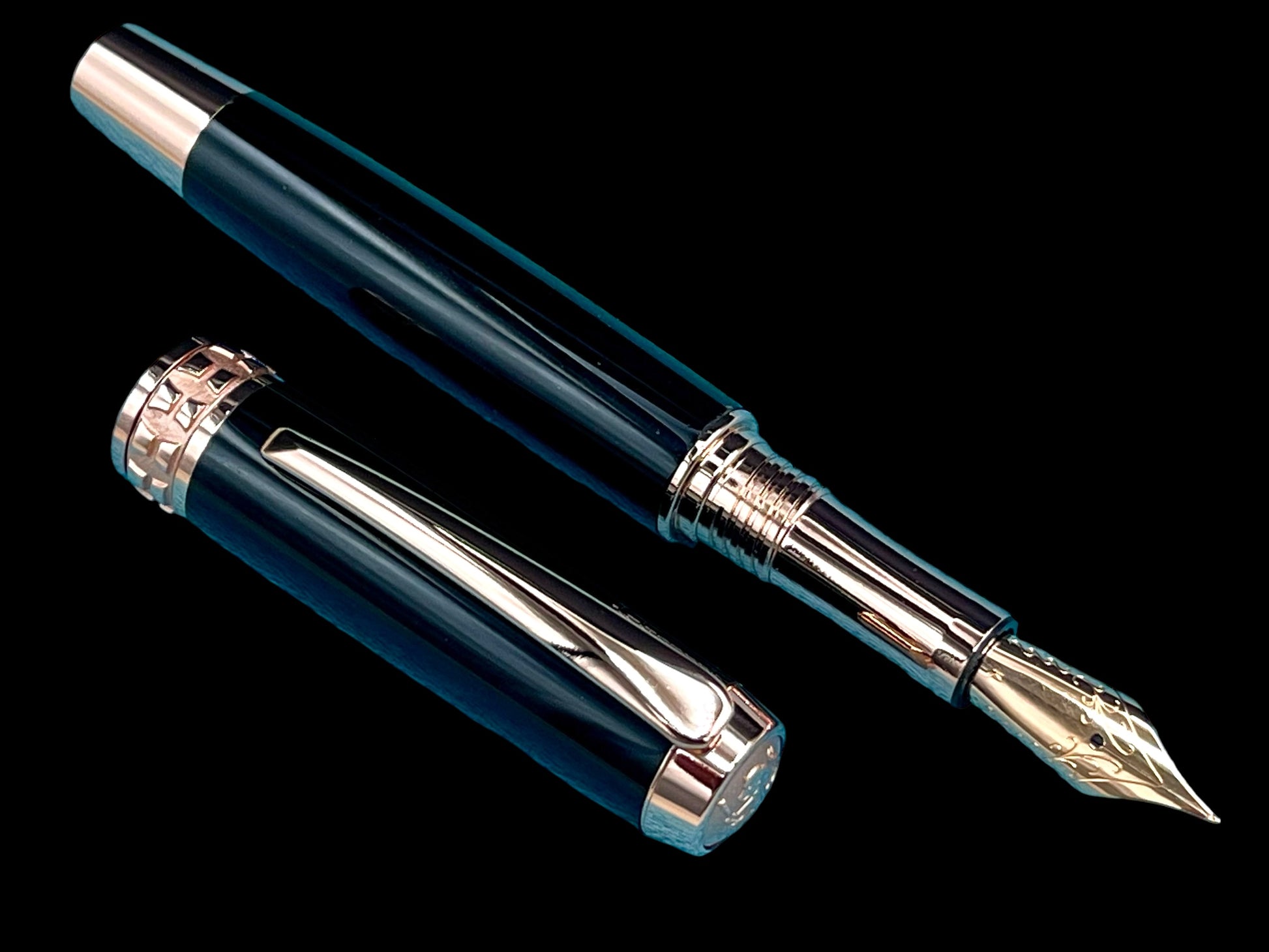 Exotic Gaboon Ebony Wood~Highlander Rose Gold Fountain Pen, One of a Kind, Handmade in Colorado. Ink, Converter, Pen Sleeve & Box Included. (ML-FP-0926-02) - HighlanderPen