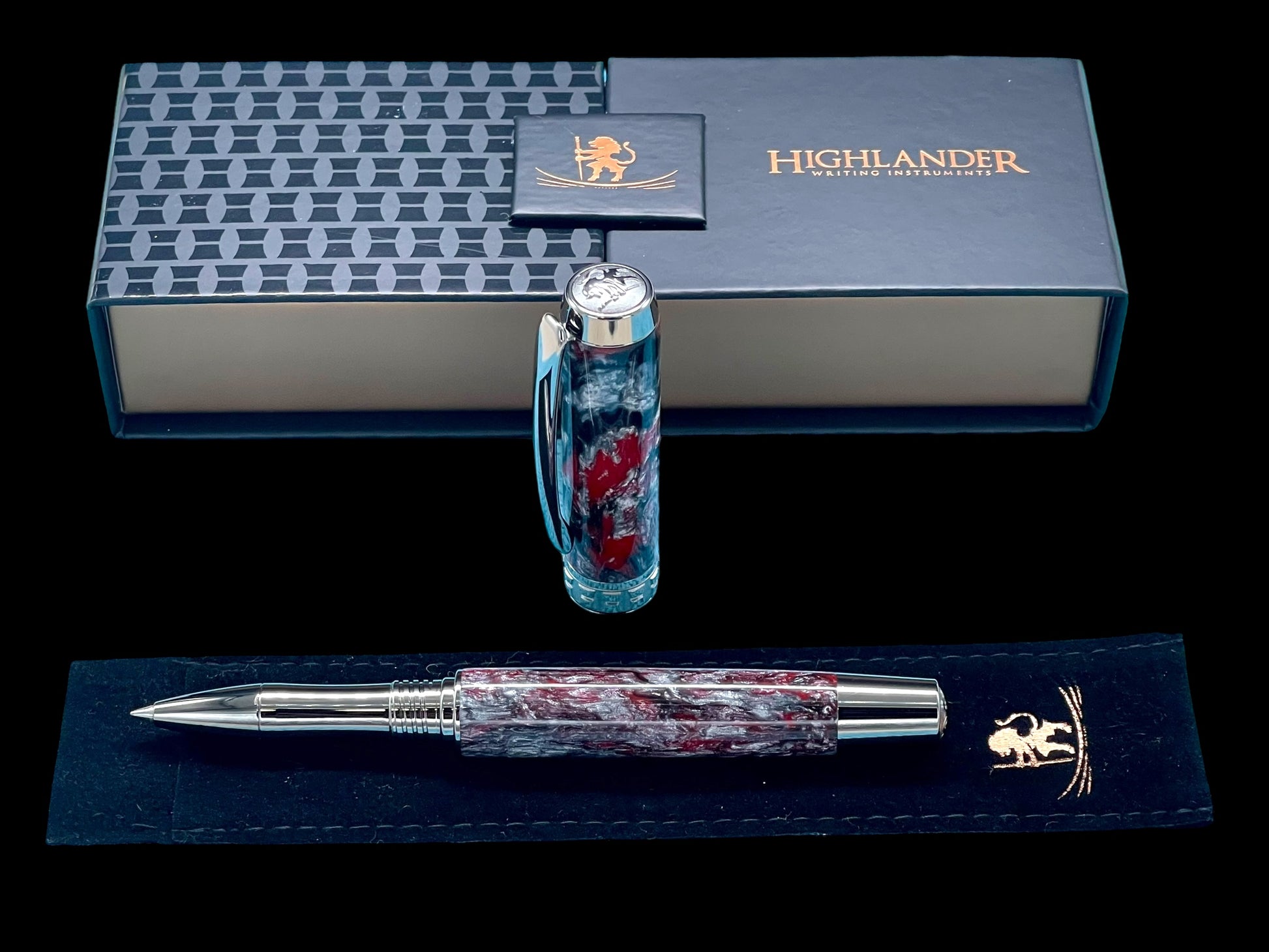 Elegant Red, Black and Silver Black Titanium Acrylic Rollerball Pen, Artisan Handcrafted Writing Instrument. Handmade in CO. One of a Kind. - HighlanderPen