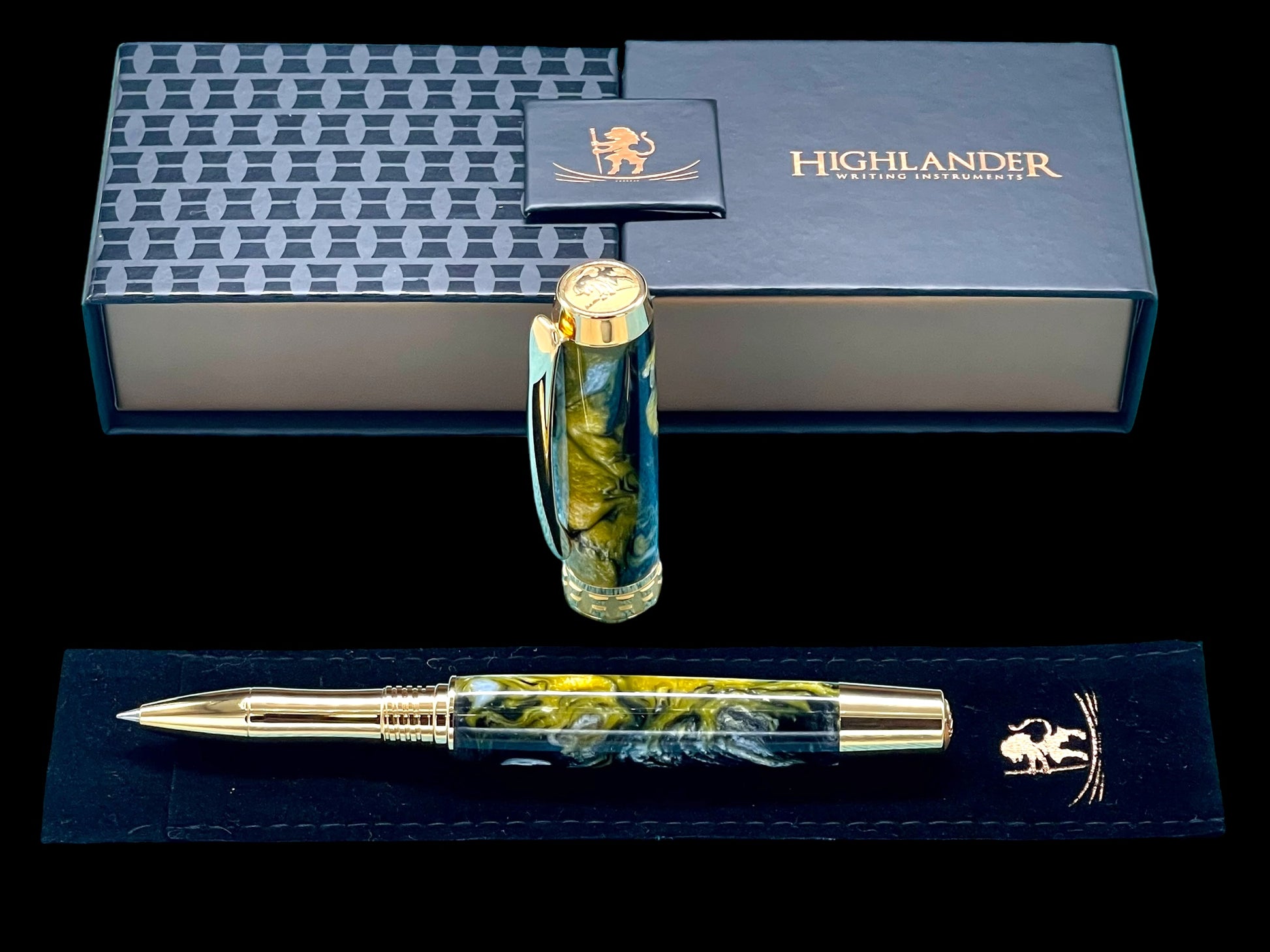 Handcrafted Luxury Gold Rollerball Pen, One of a Kind, Handmade in Colorado with Premium Hardware. Ink, Velvet Sleeve, and Pen Box Included. - HighlanderPen