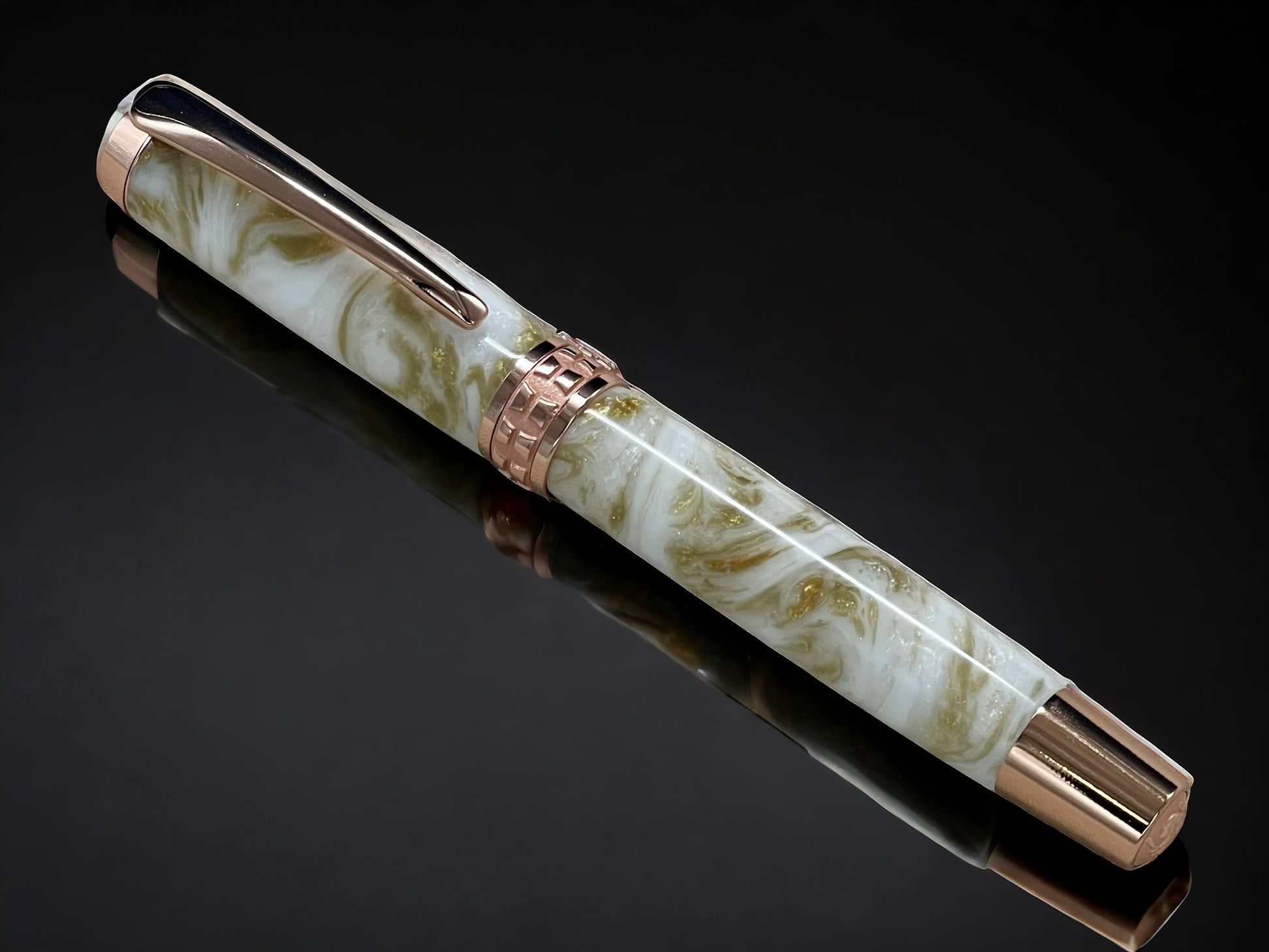 “Gold Marble”, One of a Kind, Rose Gold, Handmade Custom Acrylic Fountain Pen. Artisan Rare & Unique, Completely Handcrafted in Colorado, USA - HighlanderPen