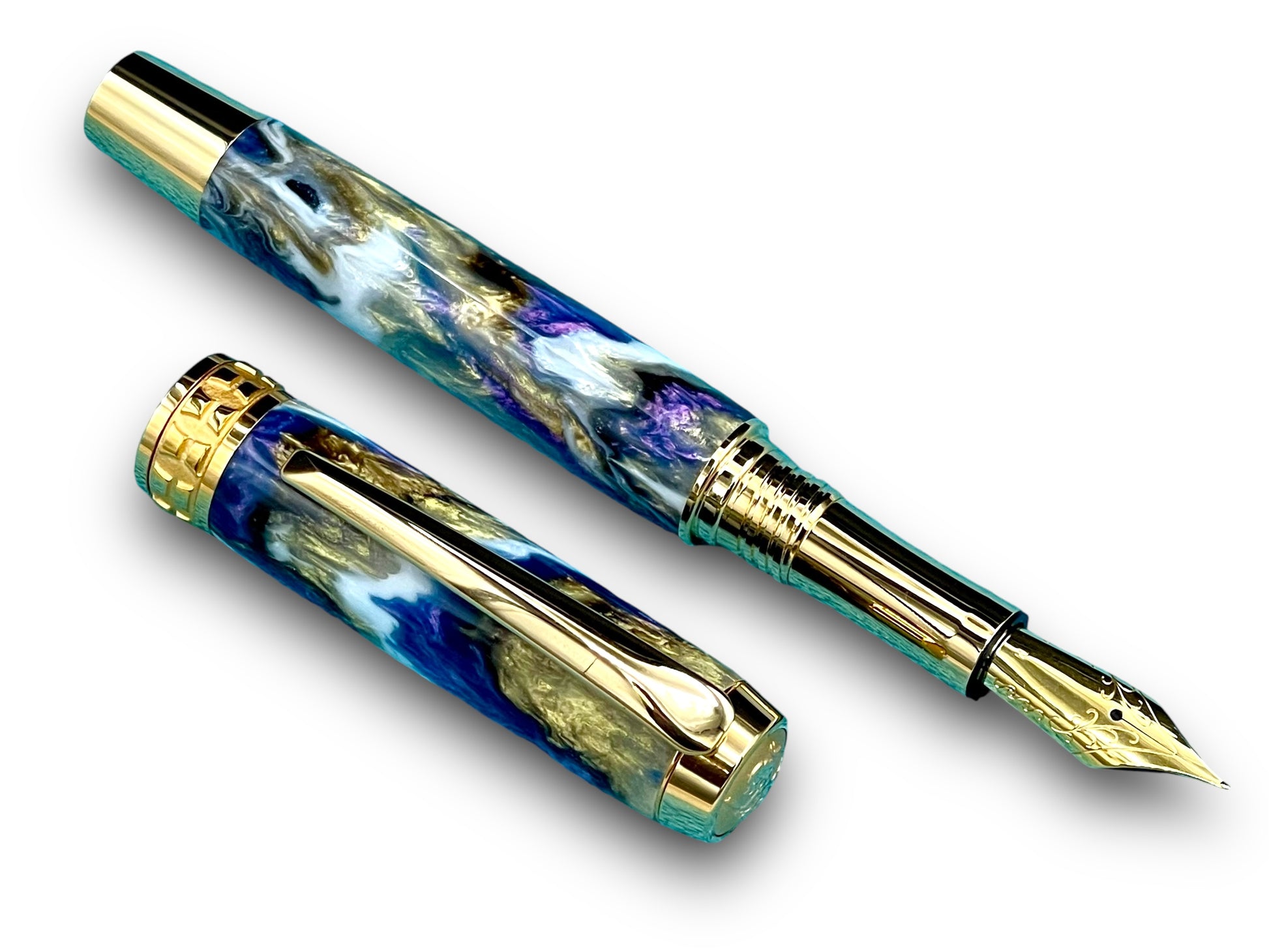 Elegant “Purple and Gold” Handcrafted Luxury Gold Fountain Pen, One of a Kind, Handmade in Colorado. Ink, Converter, Sleeve, & Box Included. - HighlanderPen