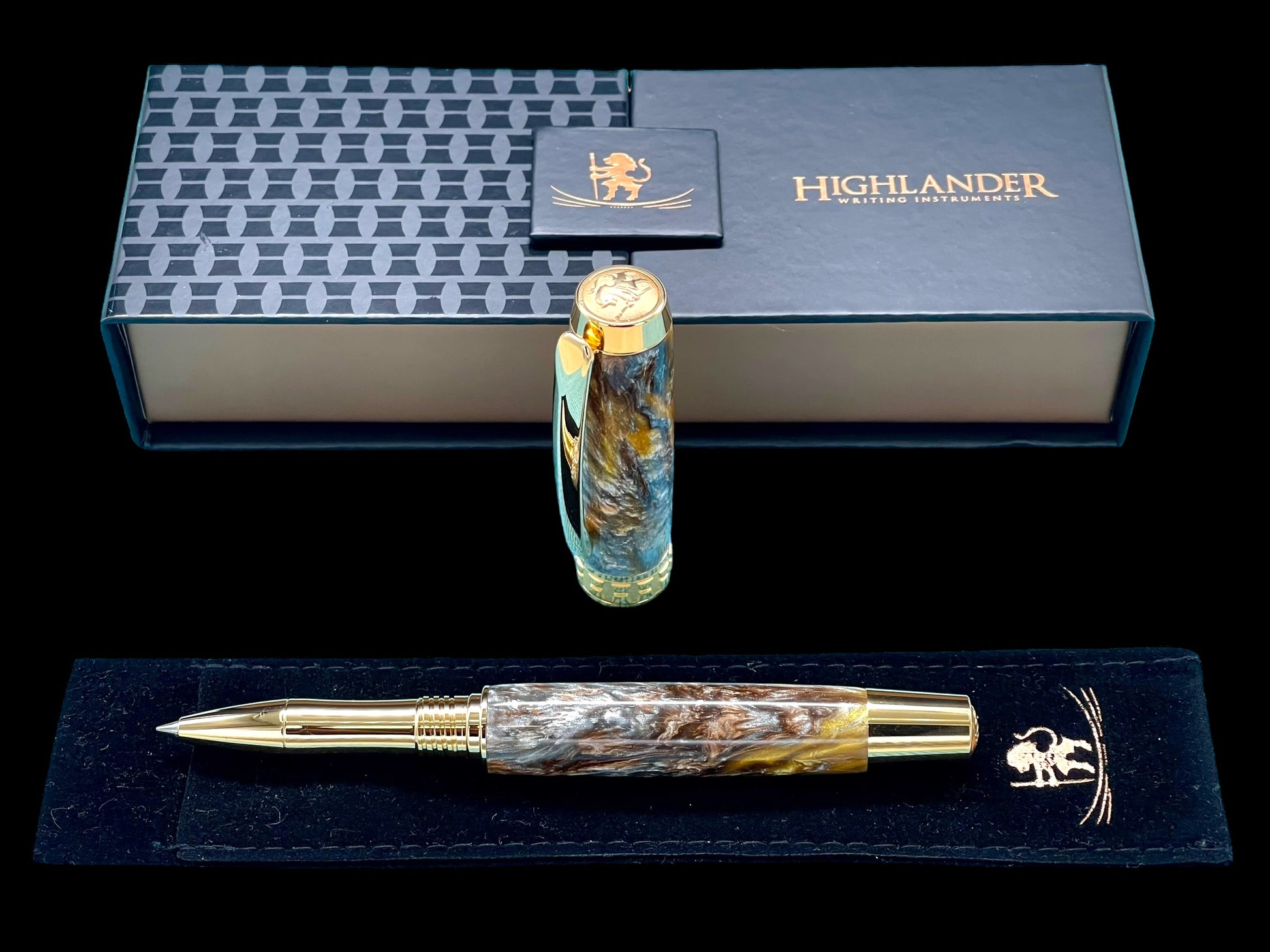 Striking “Molten Metals” Handcrafted Gold Rollerball Pen, One of a Kind, Handmade in Colorado. Ink, Velvet Sleeve, and Pen Box Included. - HighlanderPen