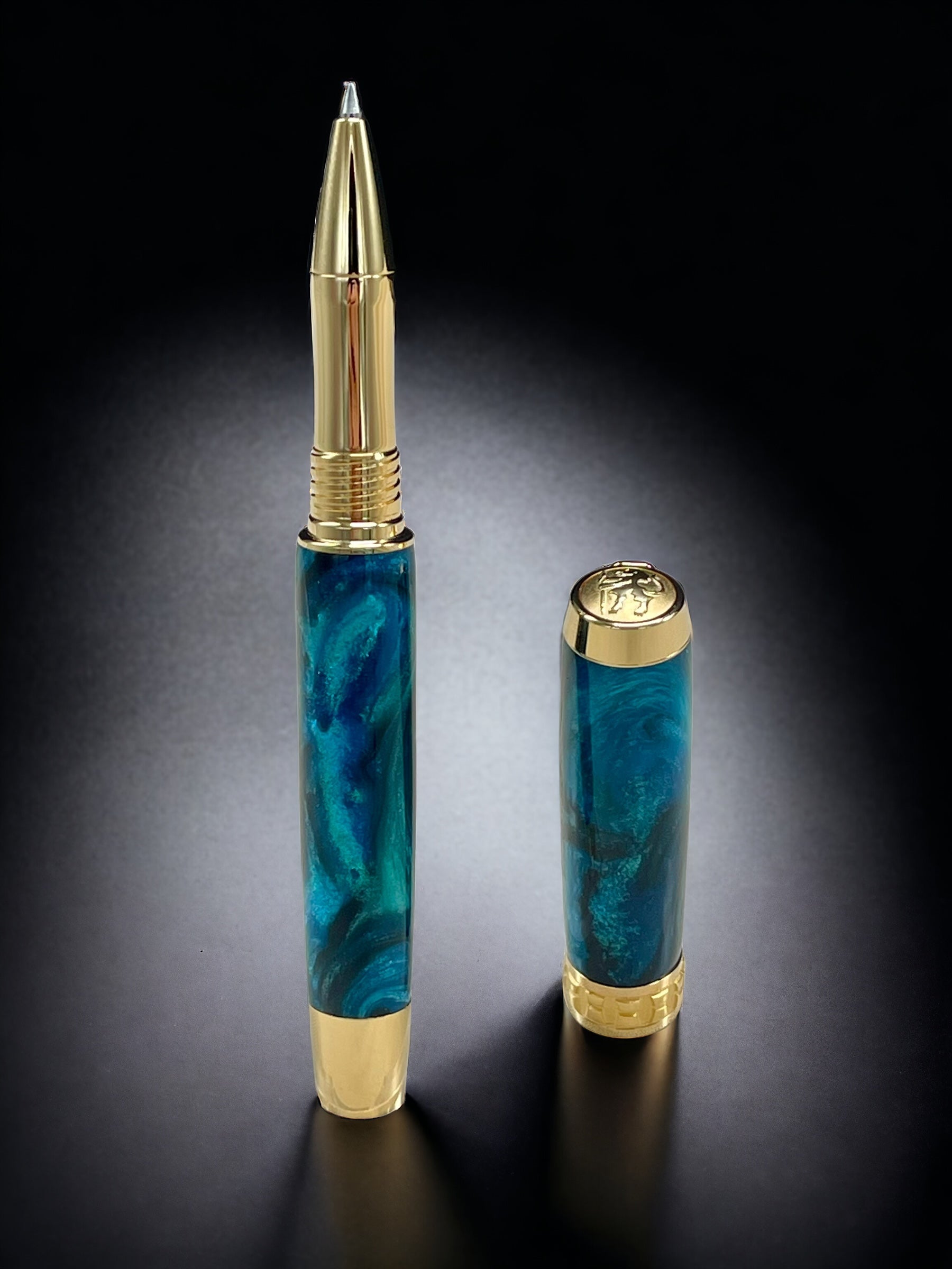 Gold Rollerball Pen, Artisan Handcrafted Writing Instrument. Handmade with Custom Hardware in Colorado. One of a Kind. “Deep Teal” - HighlanderPen