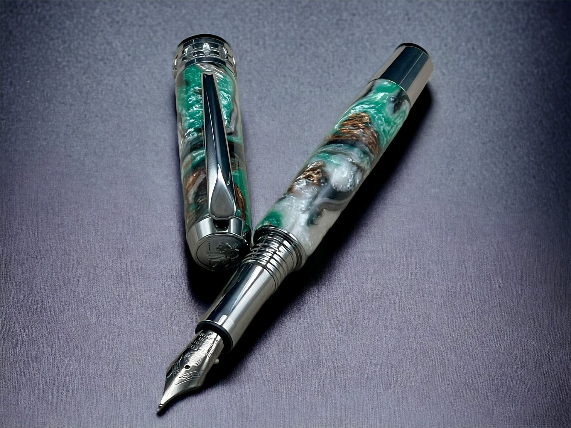 “Evergreen”, One of a Kind, Black Titanium “SKYE”, Handmade Acrylic Fountain Pen. Artisan Rare & Unique, Custom, Handcrafted in Colorado, USA. - HighlanderPen