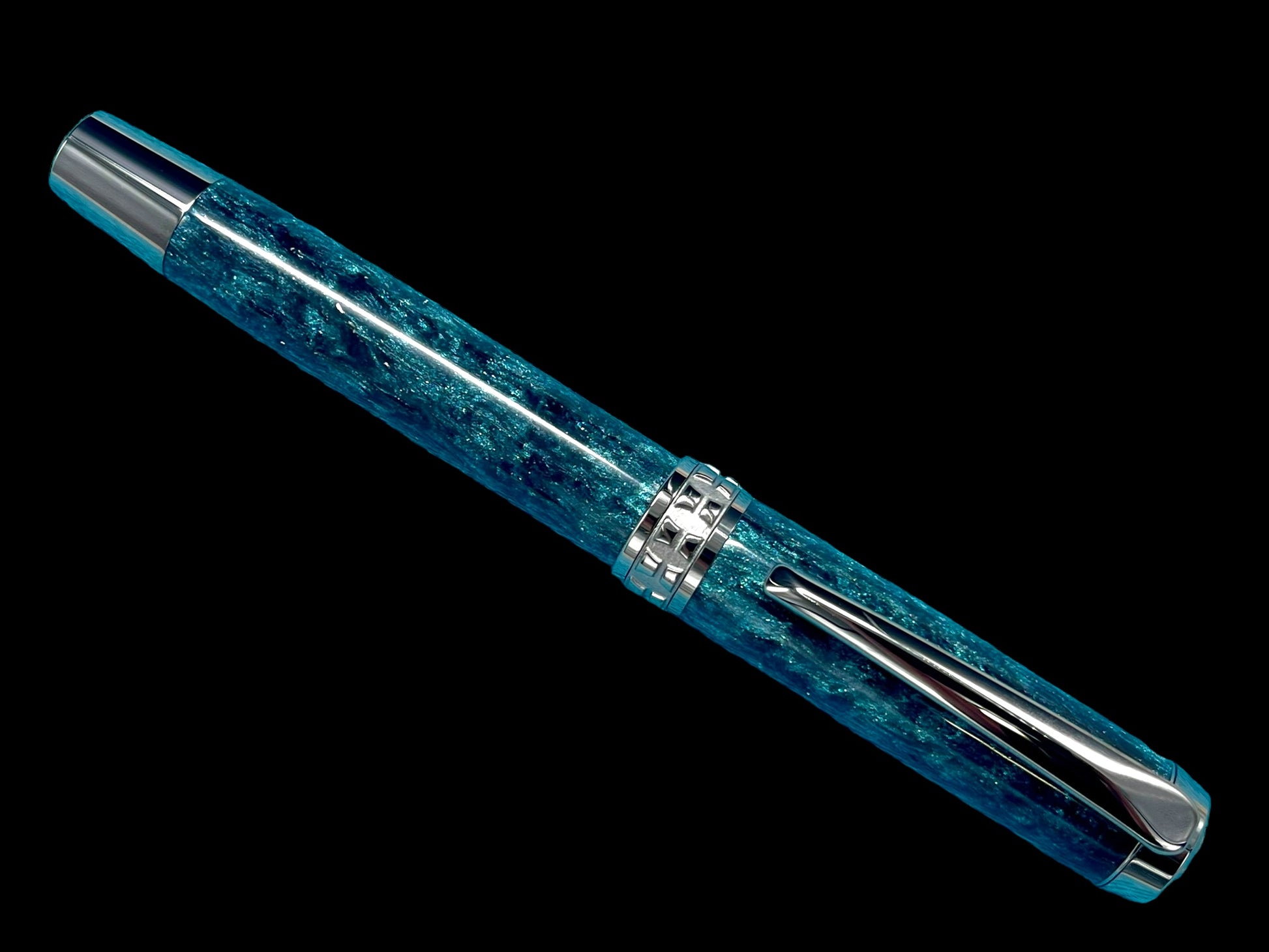 Elegant "Galactic Teal" Handcrafted Black Titanium Fountain Pen. One of a Kind. Handmade in Colorado. Ink, Converter, Sleeve & Box Included. - HighlanderPen