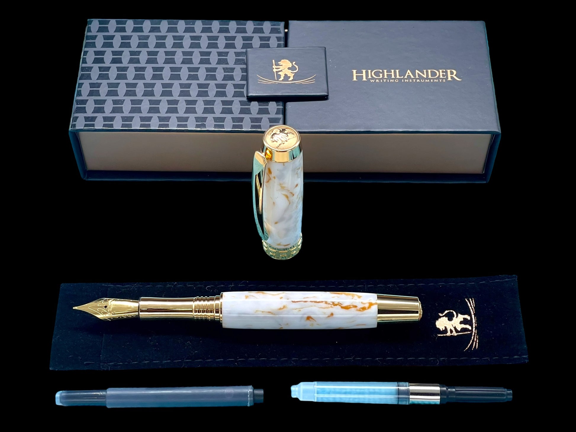 Elegant “Ivory and Gold” Handcrafted Luxury Gold Fountain Pen, One of a Kind, Handmade in Colorado. Ink, Converter, Sleeve, & Box Included. - HighlanderPen