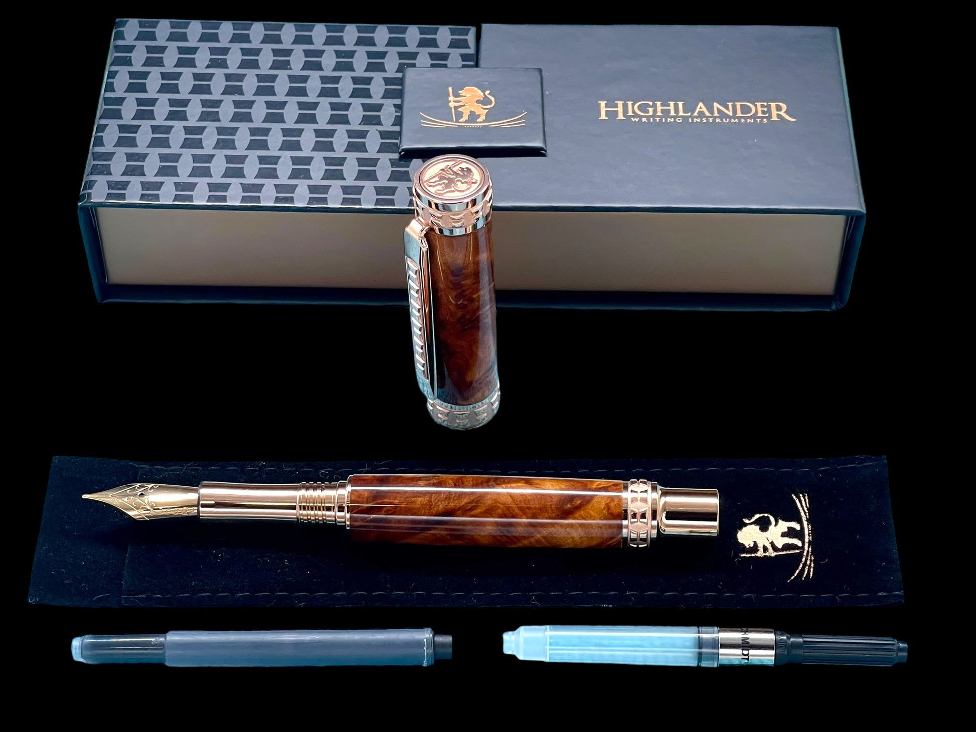 Highlander Edinburgh Exotic Thuja Burl Wood Rose Gold Fountain Pen, Handcrafted in CO. Ink, Converter, Pen Sleeve, & Box Included. - HighlanderPen