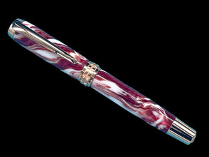 Striking “Red Swirl” Acrylic Luxury Rose Gold Fountain Pen, One of a Kind, Handmade in Colorado. Ink, Converter, Pen Sleeve & Box Included. - HighlanderPen