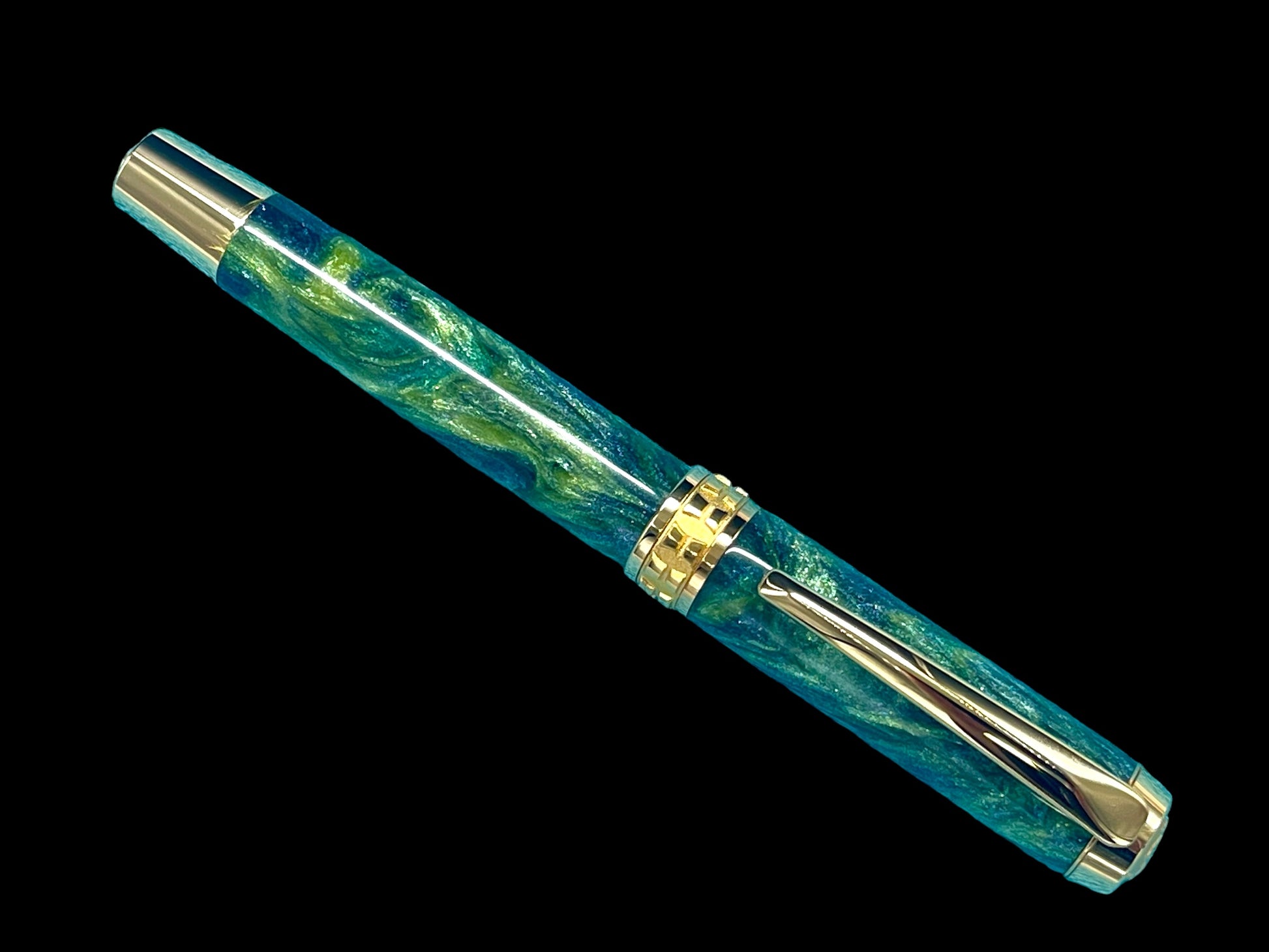 Elegant “Peacock” Handcrafted Luxury Gold Fountain Pen, One of a Kind, Handmade in Colorado. Ink, Converter, Sleeve, and Box Included. - HighlanderPen