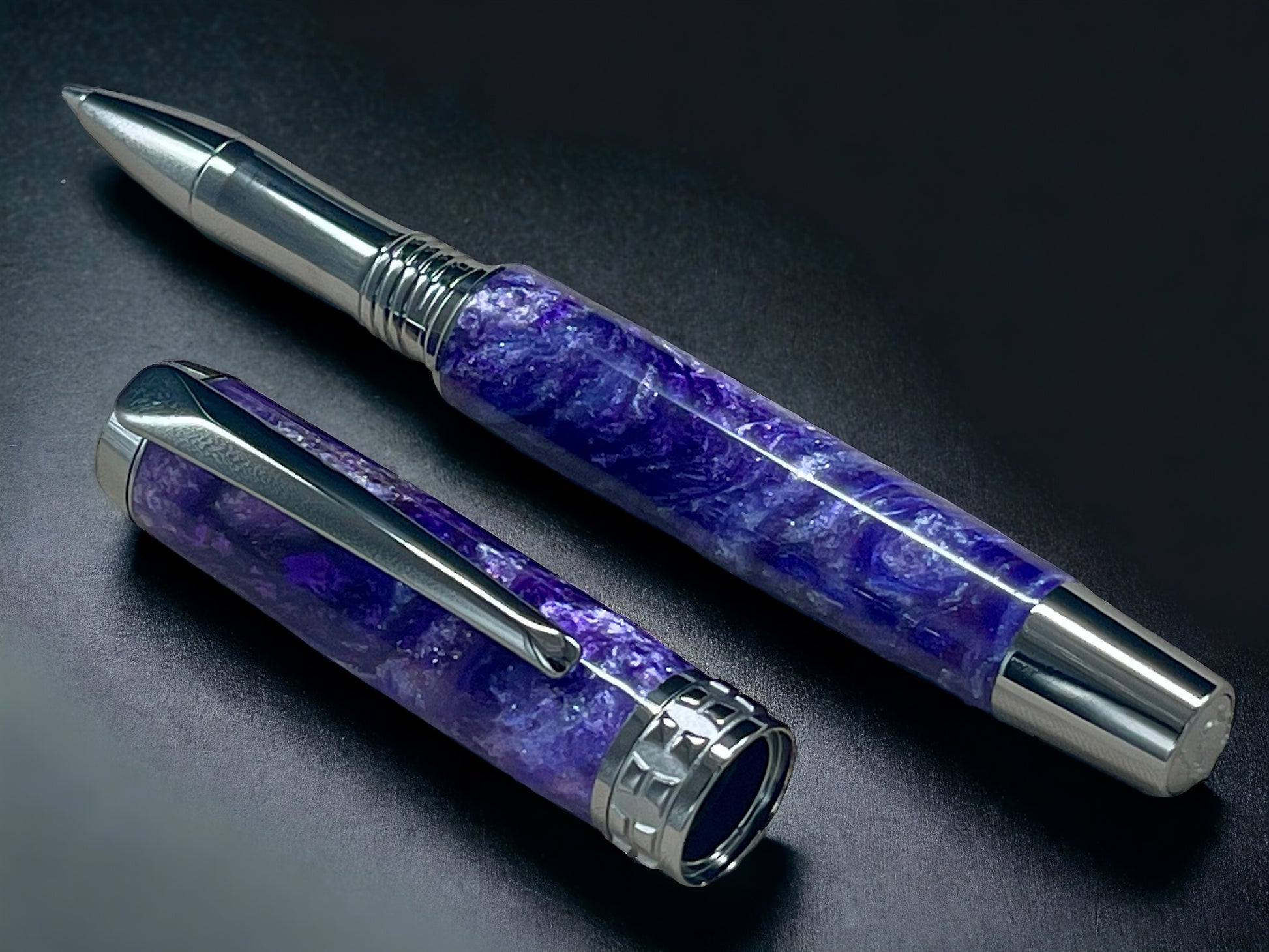 One of a Kind, Handmade Custom Purple Swirl on Black Titanium Rollerball Pen. Artisan Rare & Unique, Completely Handcrafted in Colorado, USA. - HighlanderPen