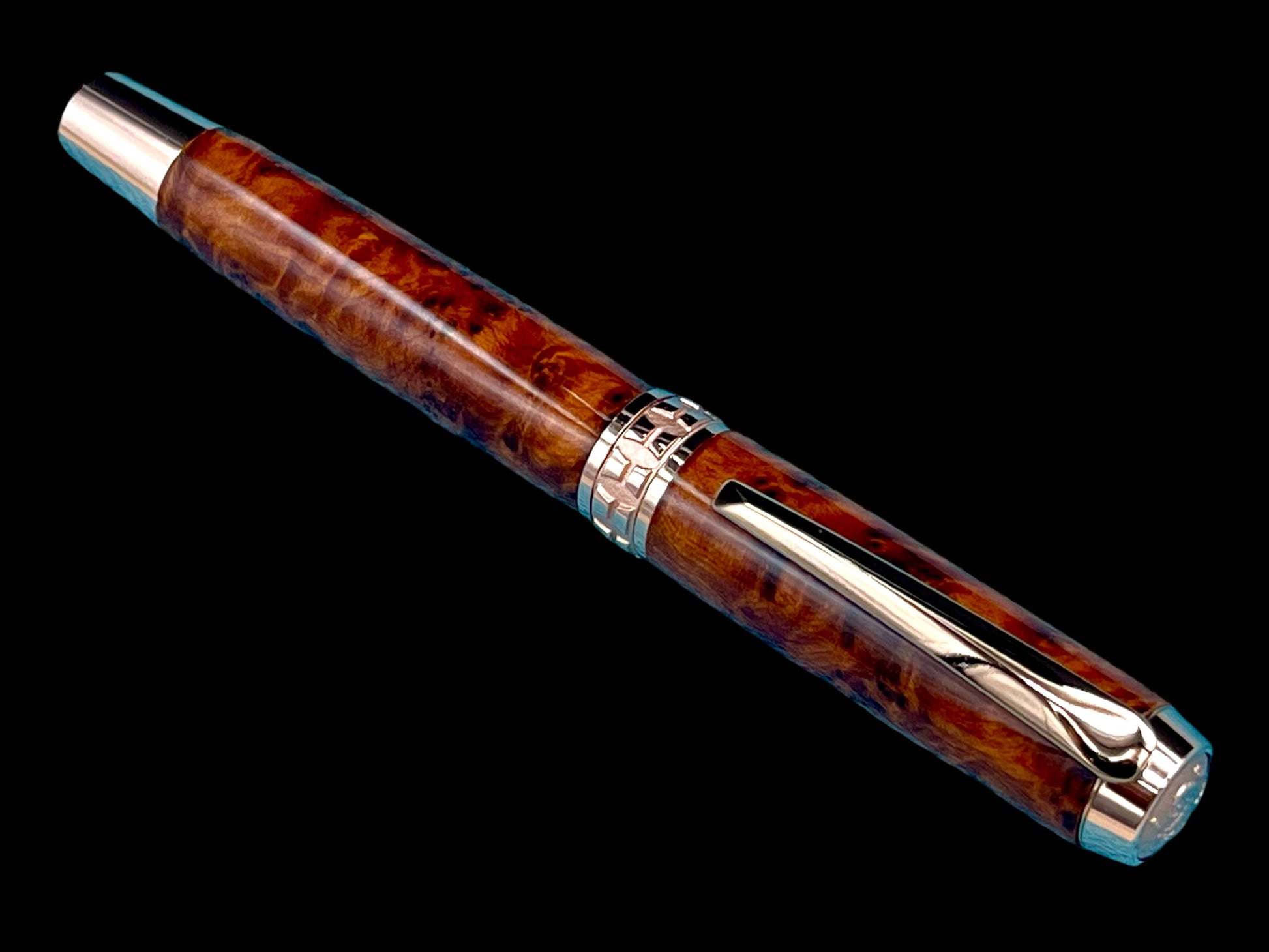 Exotic Thuya Burl Wood~Highlander Rose Gold Rollerball Pen, Artisan Handcrafted Writing Instrument. One of a Kind, with Box, Sleeve, & Ink. (ML-RB-0926-01) - HighlanderPen