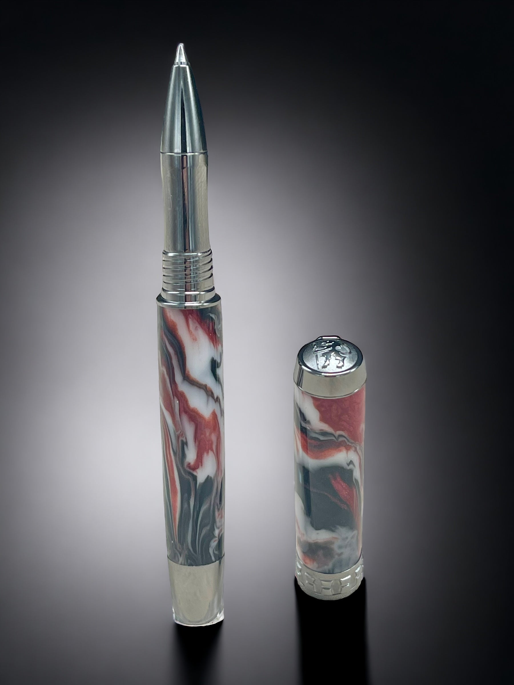 Red Swirl, One of a Kind, Handmade Custom Black Titanium Rollerball Pen. Artisan Rare & Unique, Completely Handcrafted in Colorado, USA. - HighlanderPen