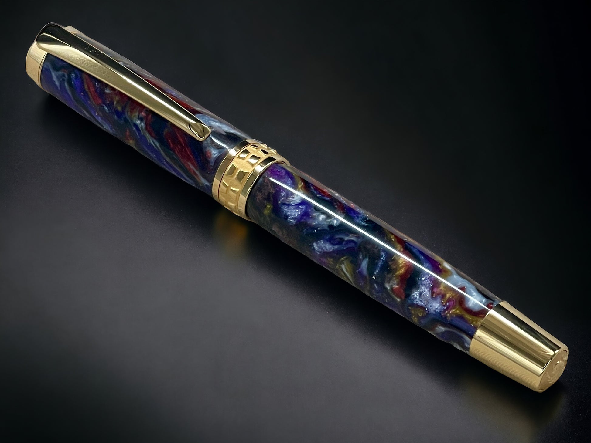 Whimsical Black, One of a Kind Gold “SKYE”, Handmade Custom Acrylic Rollerball Pen. Artisan Rare & Unique, Completely Handcrafted  in Co, USA - HighlanderPen