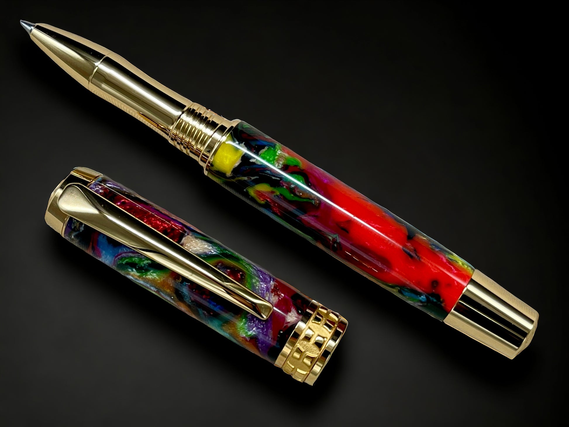 “Whimsical Colors”, One of a Kind Gold SKYE, Handmade Custom Acrylic Rollerball Pen. Artisan Rare & Unique, Completely Handcrafted  in Co, USA - HighlanderPen