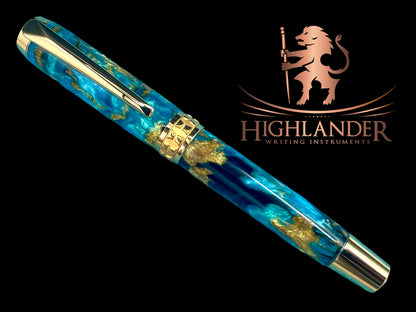 Highlander~Handmade Gold Rollerball Pen, One of a Kind Writing Instrument, Handcrafted in Colorado. Ink, Velvet Sleeve, and Box Included. ML-RB-0925-01 - HighlanderPen