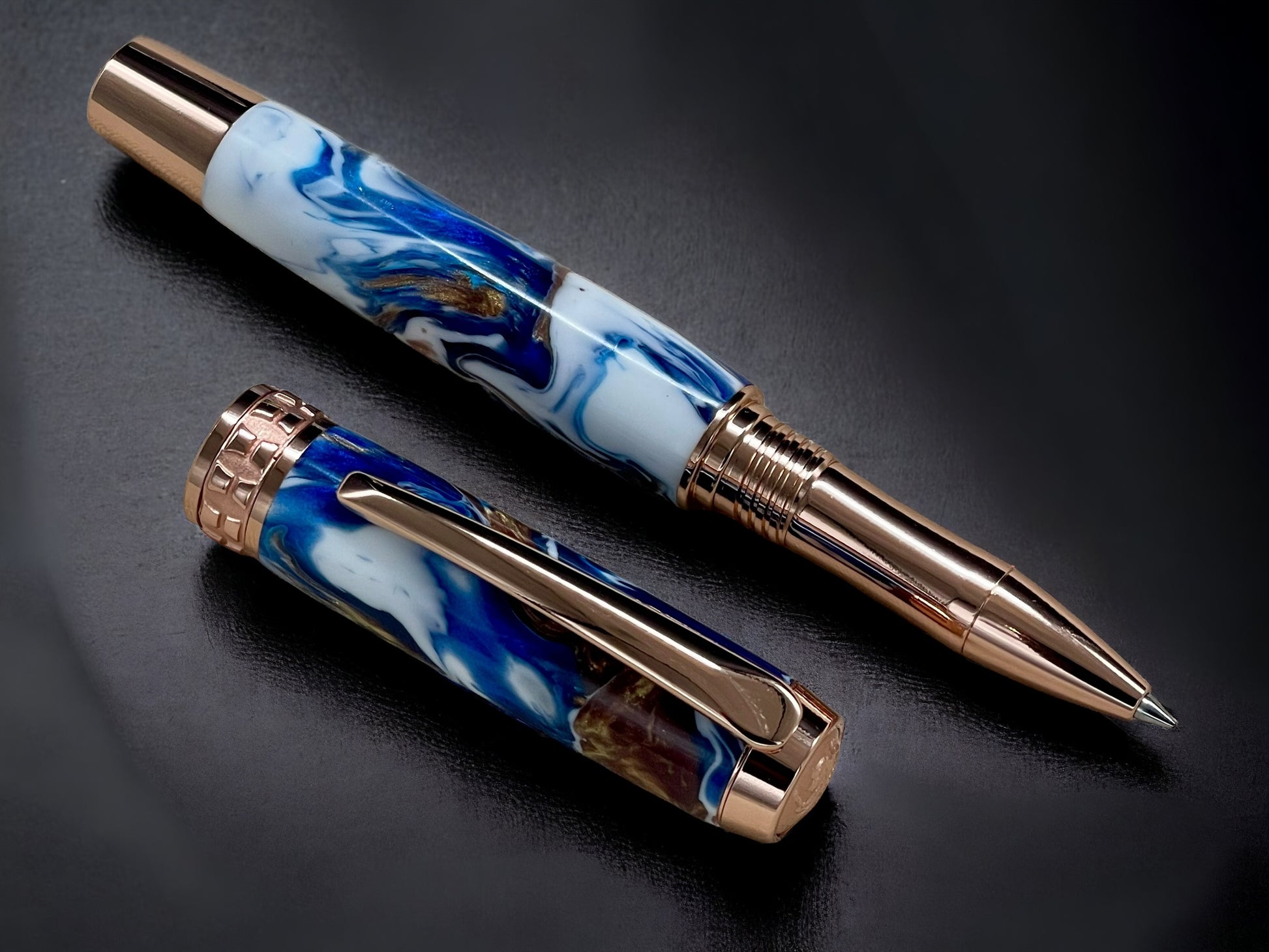 “Copper Waterfall” Rose Gold Acrylic Rollerball Pen, Artisan Handcrafted Writing Instrument. Handmade Custom in Colorado. One of a Kind. - HighlanderPen