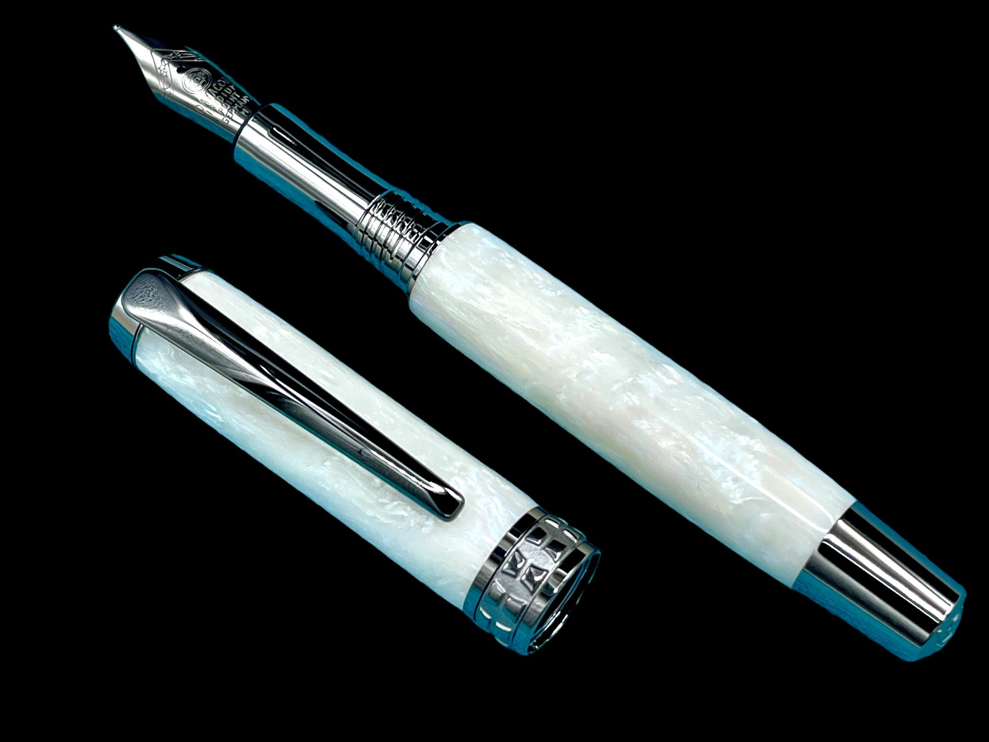 Elegant “Pearly Opal” Black Titanium Acrylic Fountain Pen, Artisan Handcrafted Writing Instrument. Converter, Ink, Sleeve & Box Included. - HighlanderPen