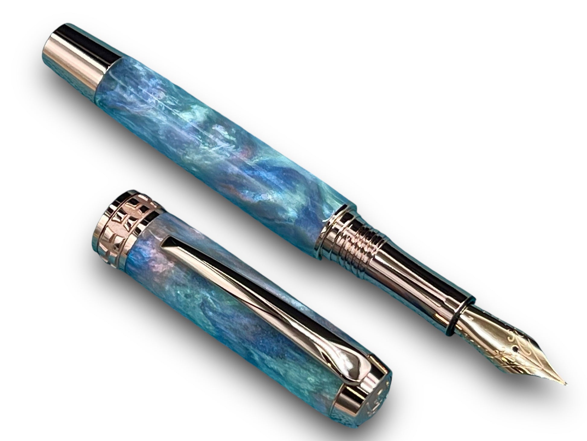 Elegant “Black Opal” Rose Gold Acrylic Fountain Pen, One of a Kind, Handmade in Colorado. Ink, Converter, Pen Sleeve & Box Included. - HighlanderPen