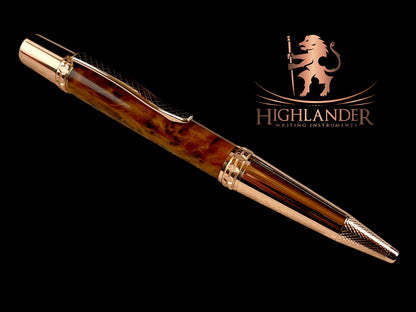 Rose Gold Exotic Thuya Burl Wood Handmade Glasgow Ballpoint Pen. One of a Kind, Handcrafted by Highlander Pen. Box, Ink, & Sleeve Included. [ML-BP-1212-03]