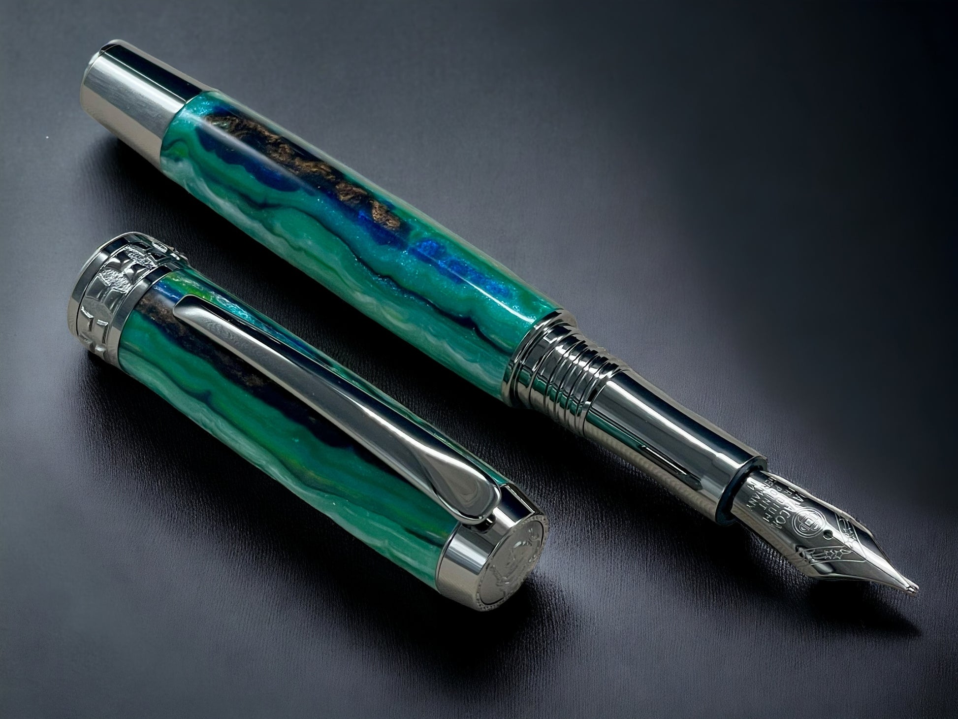 Green Stripe, One of a Kind “SKYE” Black Titanium Handmade Fountain Pen. Artisan Rare & Completely Custom, Handcrafted in Colorado, USA. - HighlanderPen