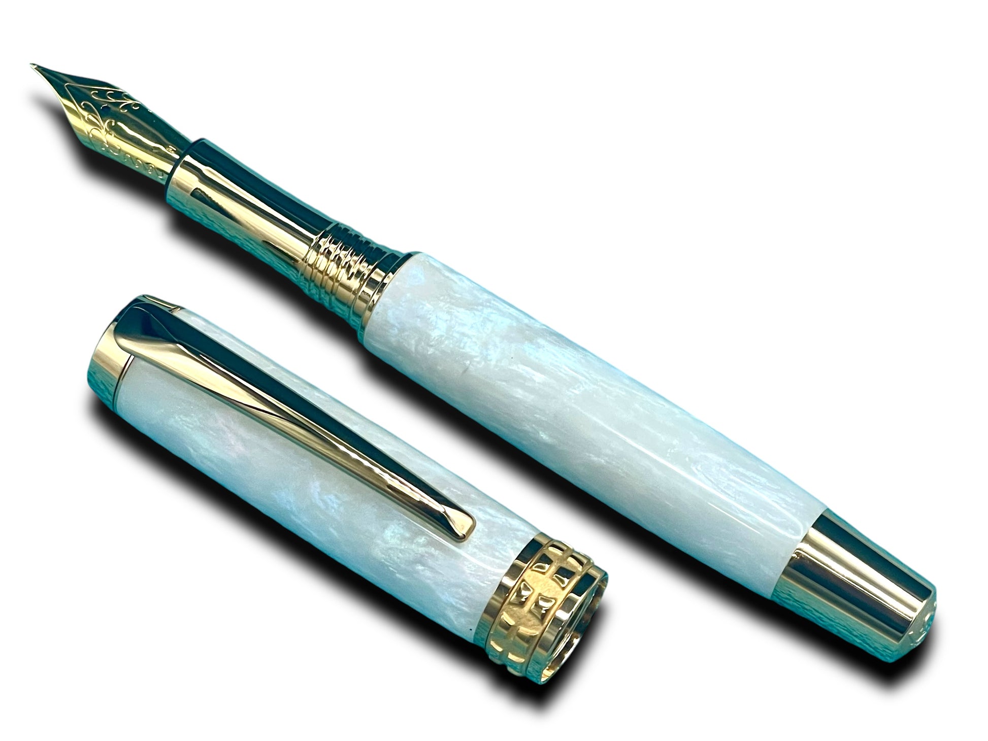 Elegant “Pearly Opal” Handcrafted Luxury Gold Fountain Pen, One of a Kind, Handmade in Colorado. Ink, Converter, Sleeve, & Box Included. - HighlanderPen