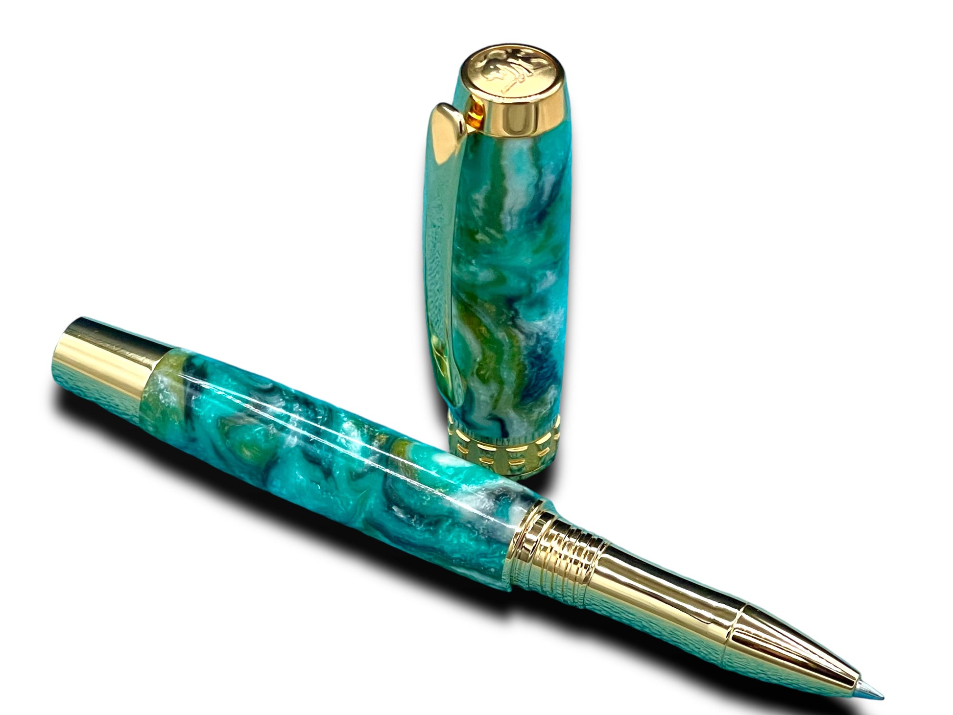 Elegant “Teal Swirl” Handcrafted Gold Rollerball Pen, One of a Kind, Handmade in Colorado. Ink, Velvet Sleeve, and Pen Box Included. - HighlanderPen