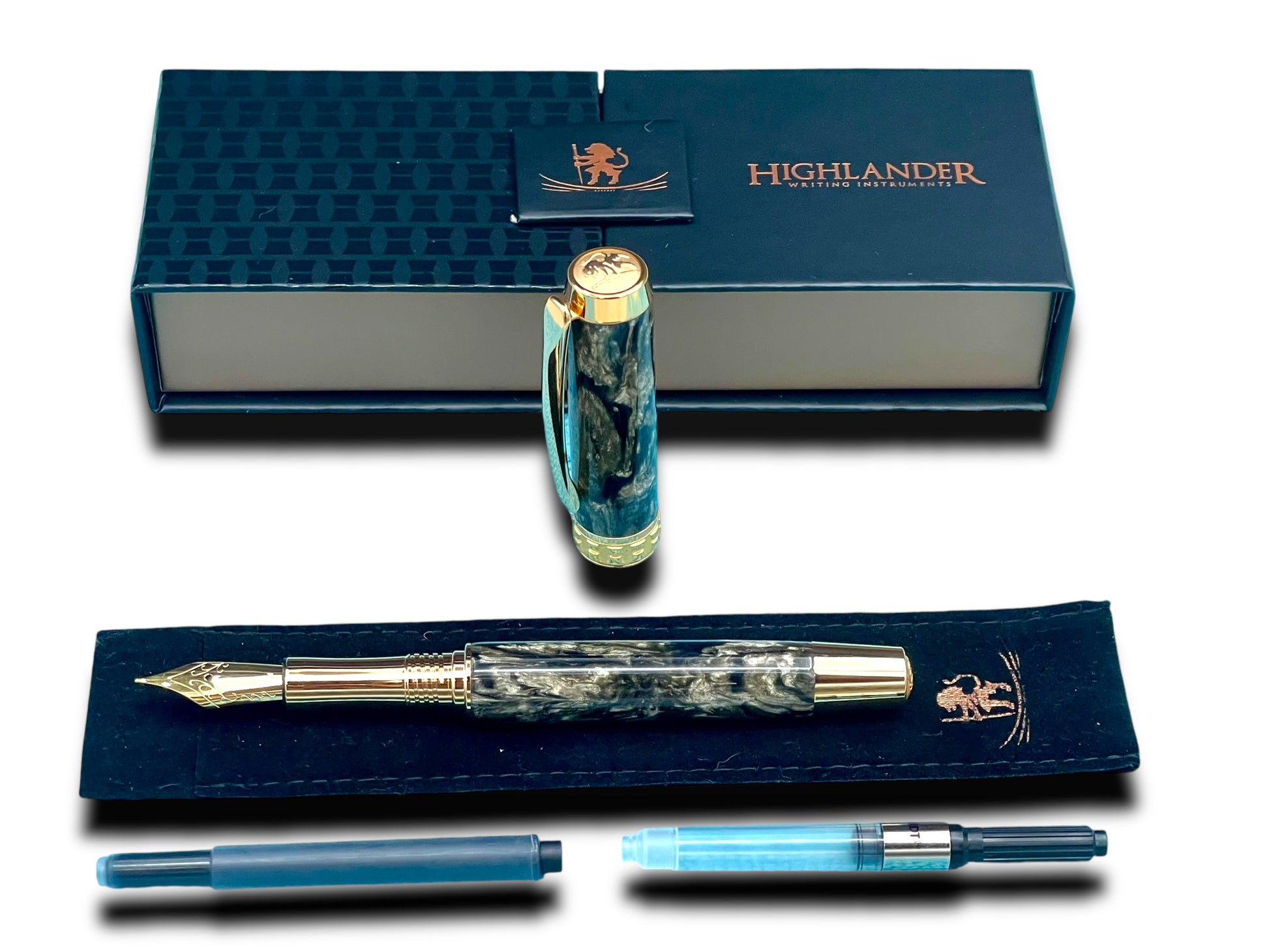 Elegant “Black Pewter” Handcrafted Luxury Gold Fountain Pen, One of a Kind, Handmade in Colorado. Ink, Converter, Sleeve, & Box Included. - HighlanderPen