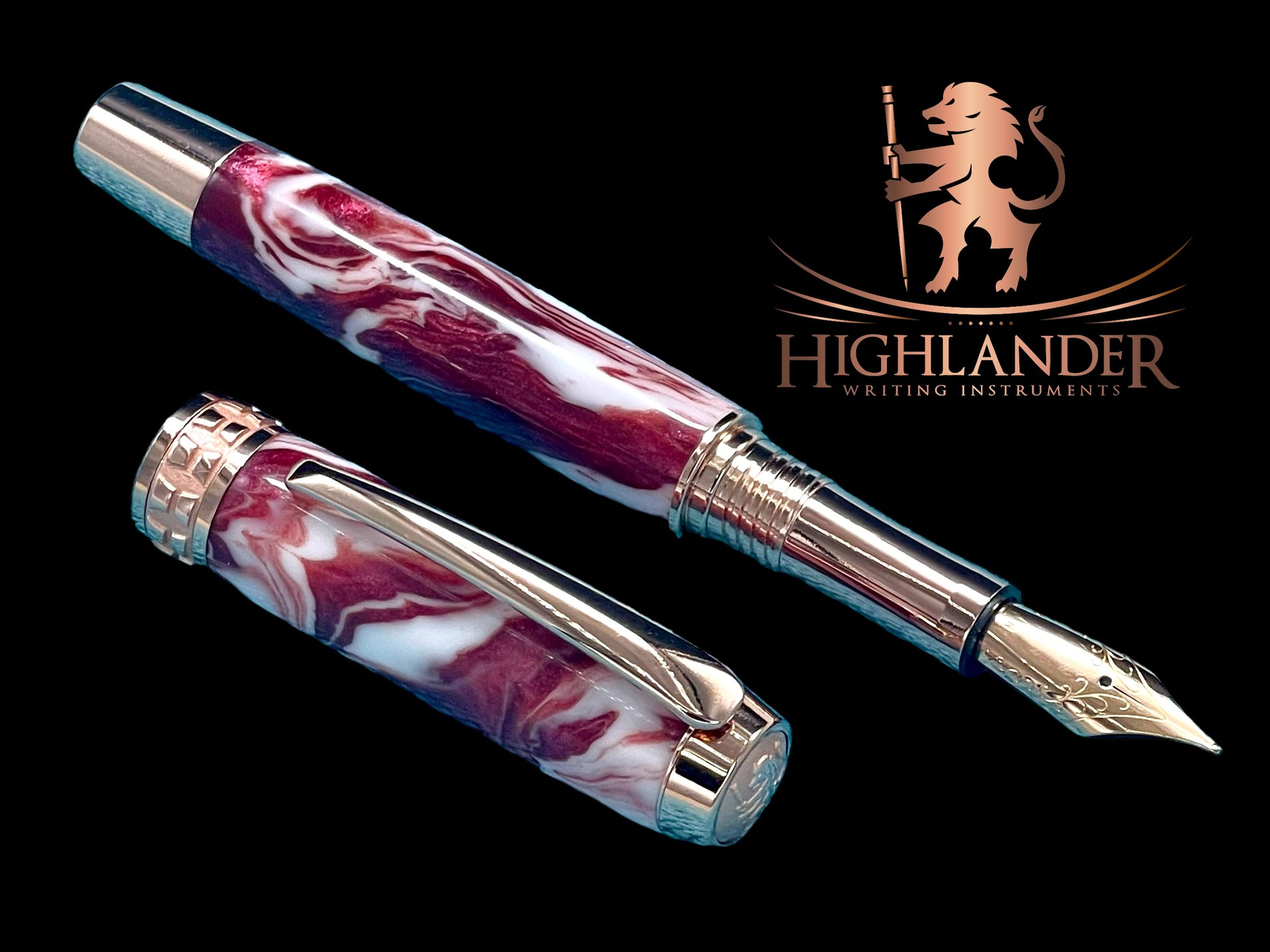 Striking “Red Swirl” Acrylic Luxury Rose Gold Fountain Pen, One of a Kind, Handmade in Colorado. Ink, Converter, Pen Sleeve & Box Included. - HighlanderPen