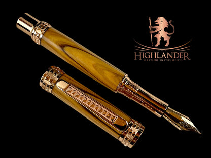 Edinburg Rose Gold Bethlehem Olivewood Handmade Fountain Pen. Ink, Converter, Pen Sleeve & Box Included. Handcrafted by Highlander Pen in CO. [ML-FP-1203-01]