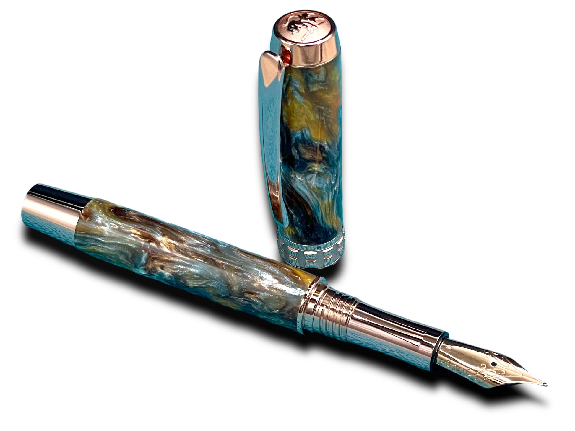 Striking “Molten Metals Acrylic” Rose Gold Fountain Pen, One of a Kind, Handmade in Colorado. Ink, Converter, Pen Sleeve & Box Included. - HighlanderPen