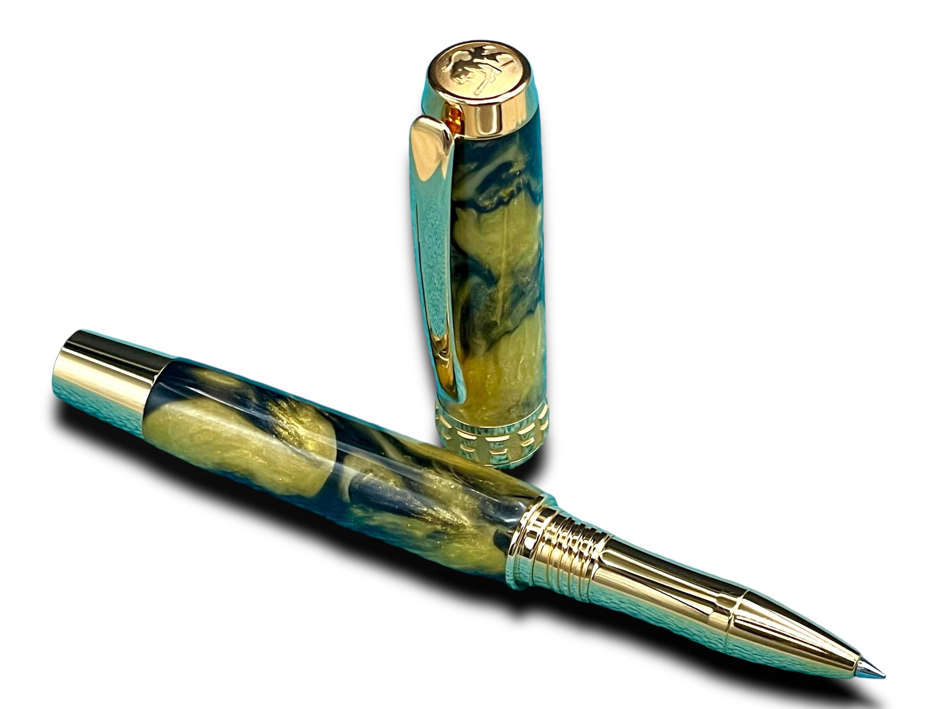 Elegant “Gold Swirl” Handcrafted Gold Rollerball Pen, One of a Kind, Handmade in Colorado. Ink, Velvet Sleeve, and Pen Box Included. - HighlanderPen