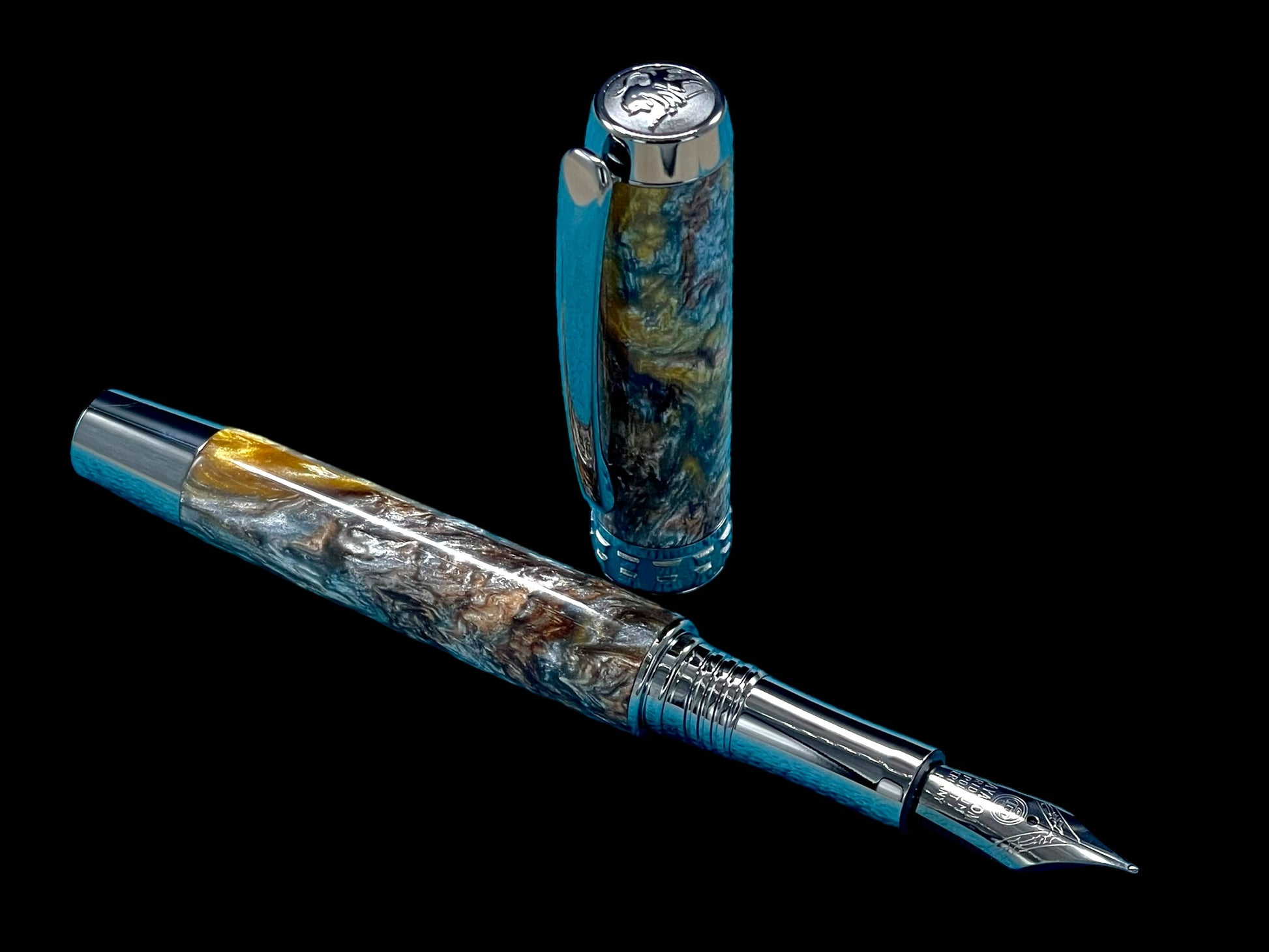 Striking “Molten Metals” Black Titanium Fountain Pen, Artisan, One of a Kind, Handmade in CO. Pen Box, Sleeve, Converter & Ink Included. - HighlanderPen